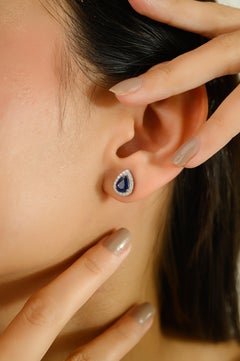 Deep Blue Teardrop-Shaped Sapphire and Diamond Halo Stud Earrings in 18K Gold