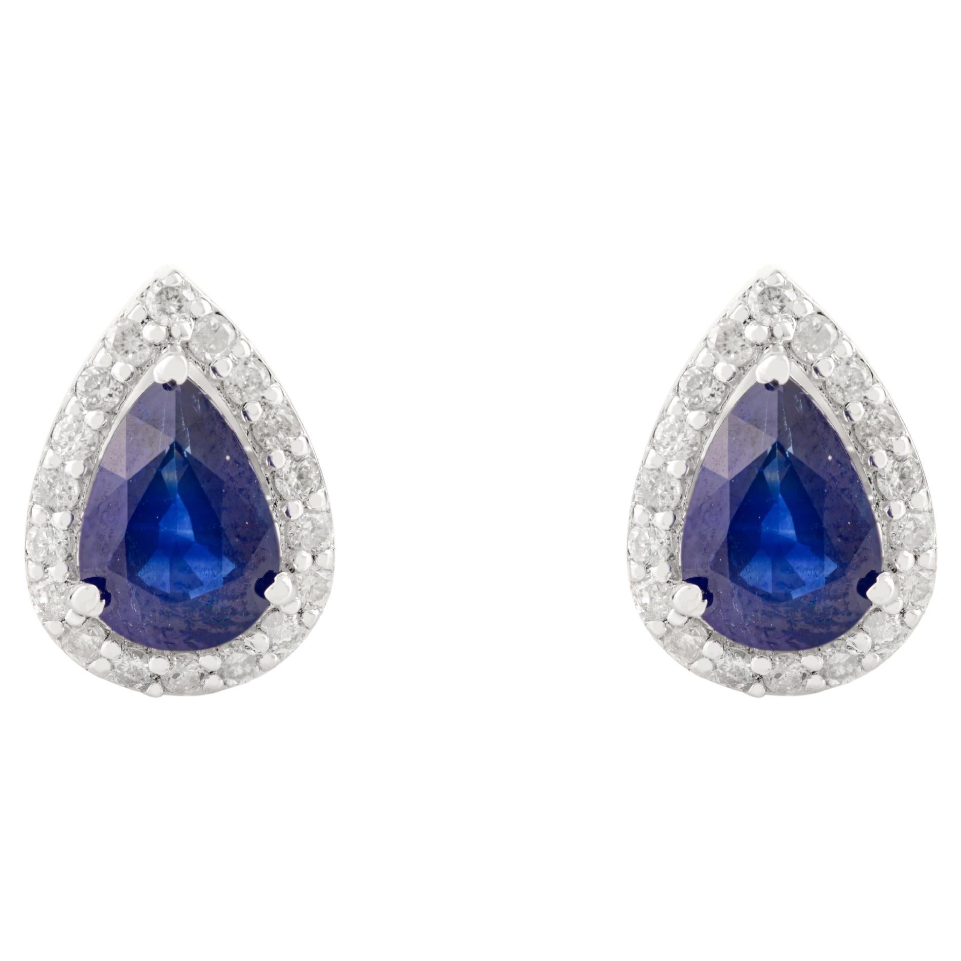 Deep Blue Teardrop-Shaped Sapphire and Diamond Halo Stud Earrings in 18K Gold