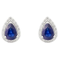Deep Blue Teardrop-Shaped Sapphire and Diamond Halo Stud Earrings in 18K Gold