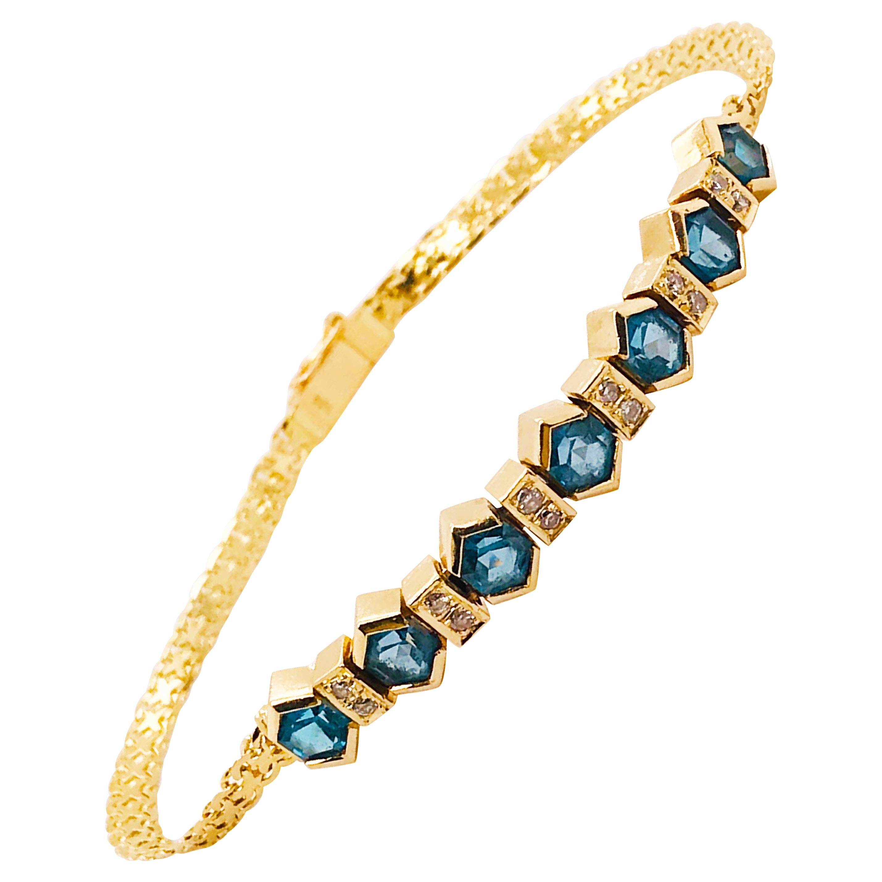 Deep Blue Tourmaline and White Diamond Bracelet in 14 Karat Yellow Gold