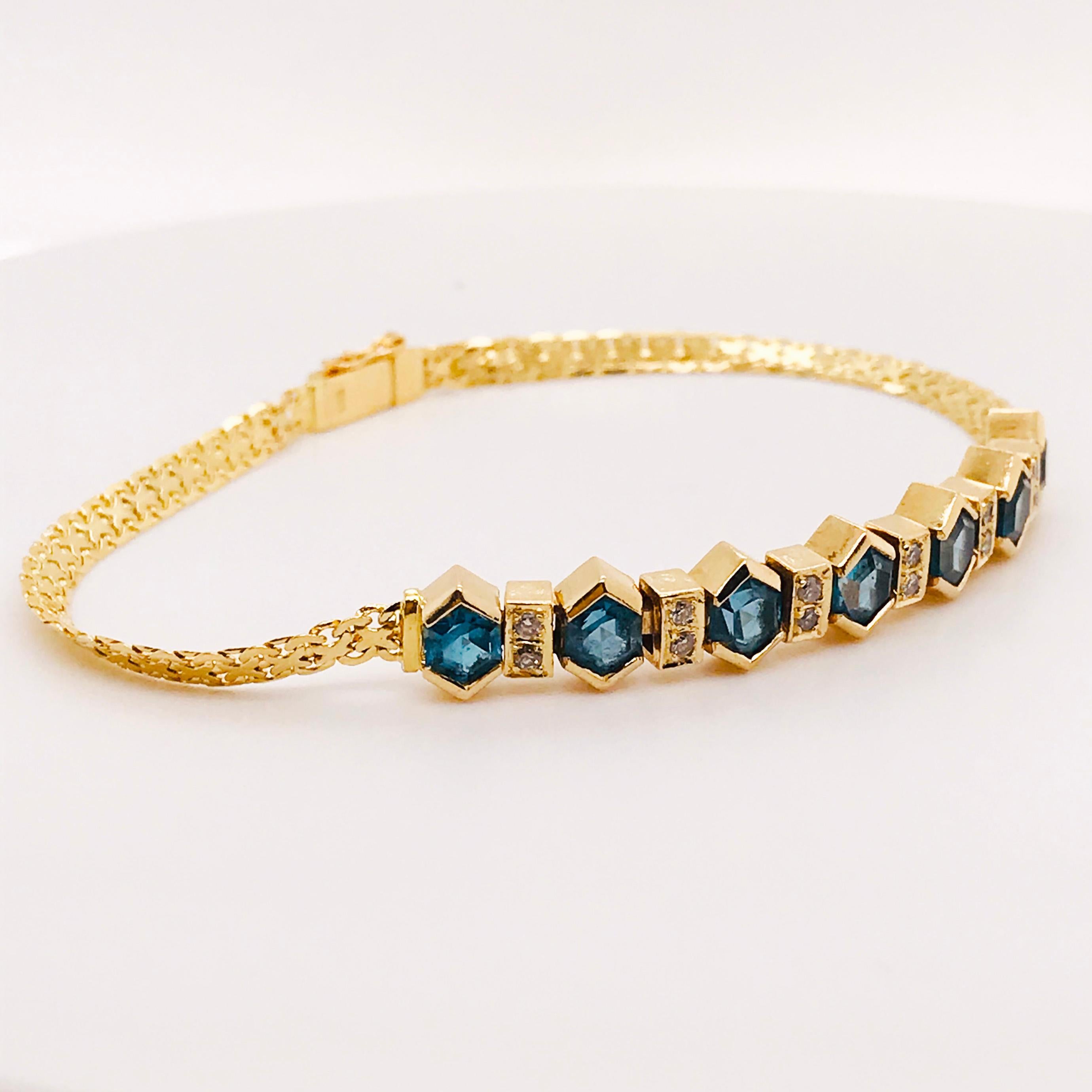This is a one of a kind pice. Our deep blue and beautiful gemstone and diamond bracelet is unique, lovely and romantic. The deep blue natural color of the genuine tourmaline gemstones would look great on a blue eyed beauty. The blue is vibrant and