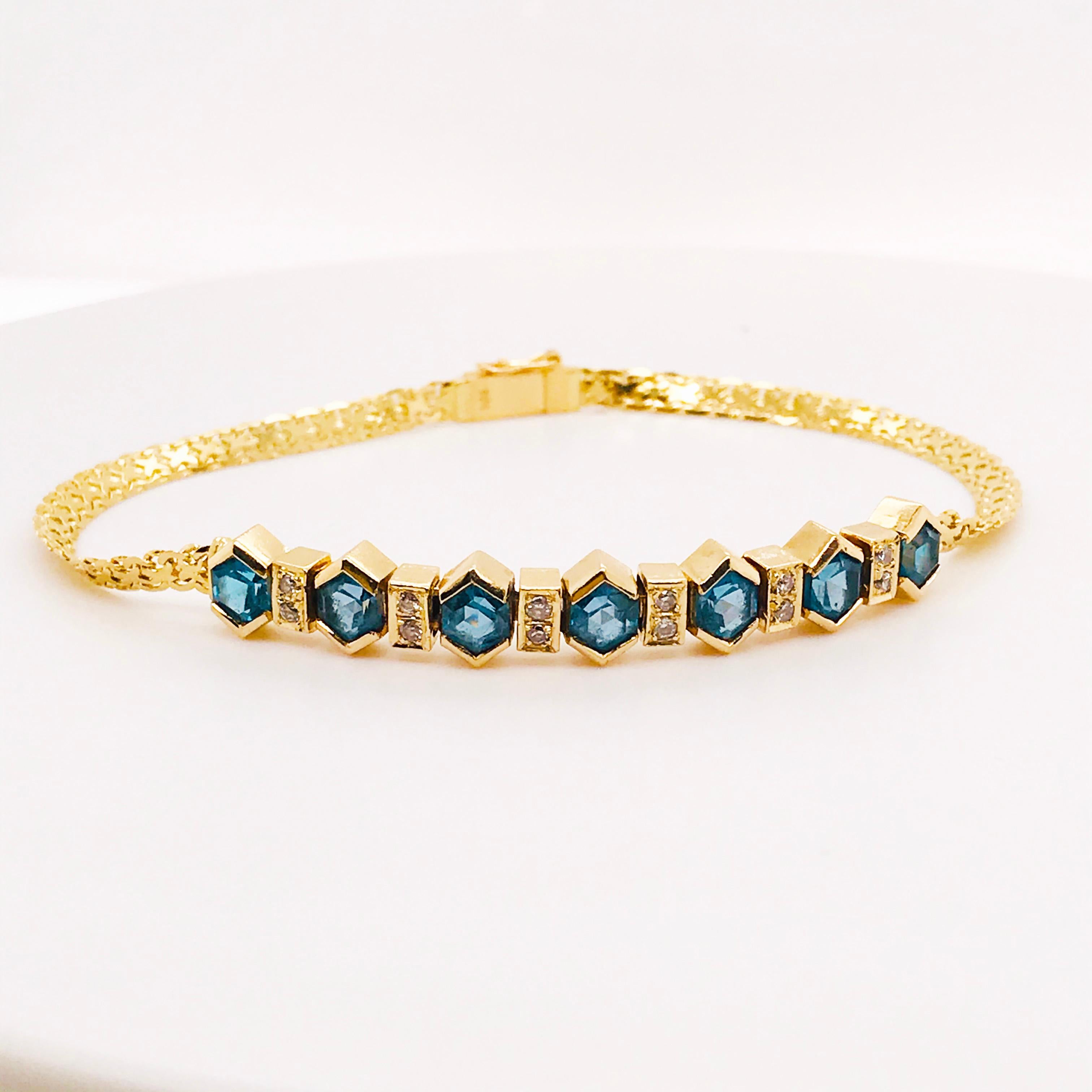 Women's Deep Blue Tourmaline and White Diamond Bracelet in 14 Karat Yellow Gold