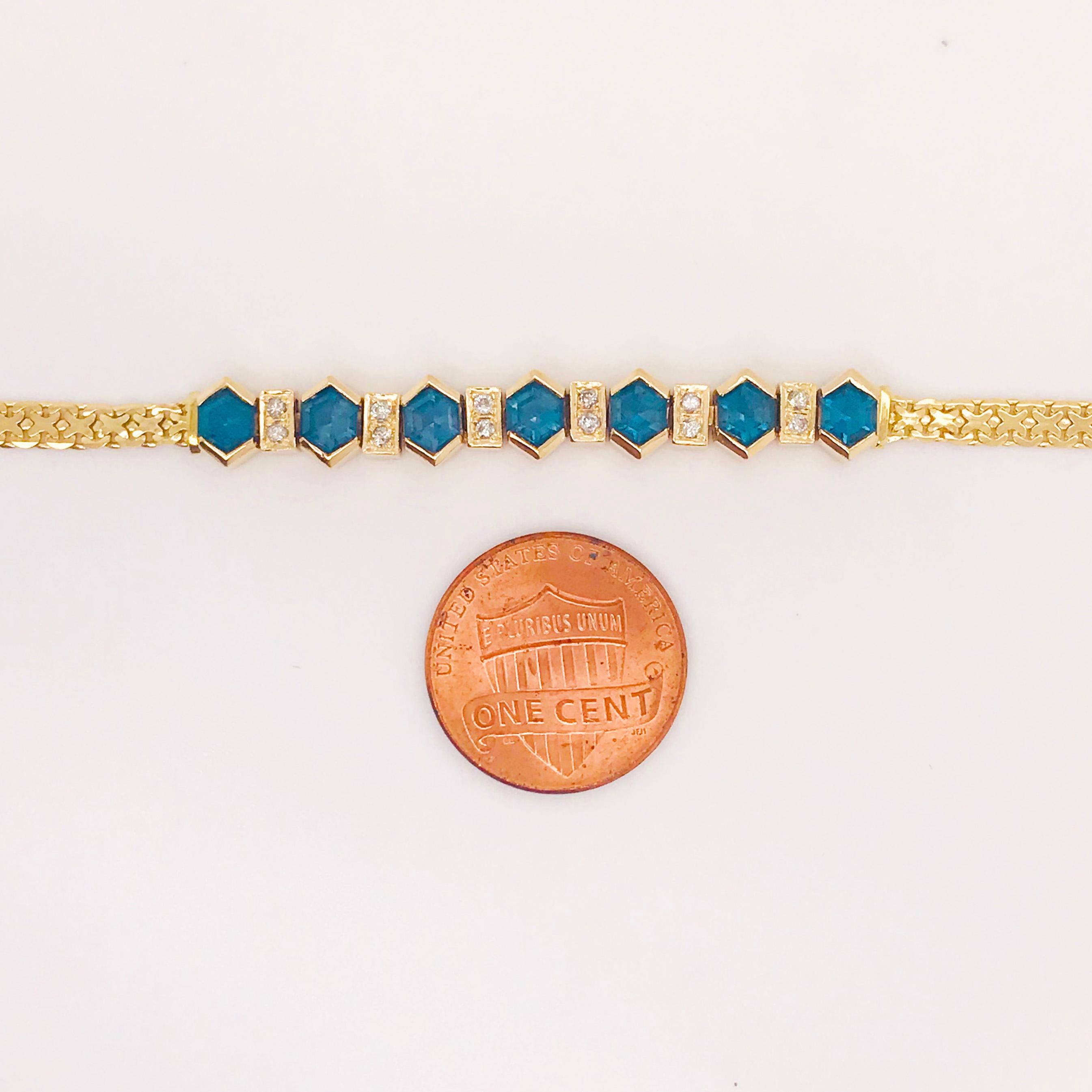 Deep Blue Tourmaline and White Diamond Bracelet in 14 Karat Yellow Gold 2