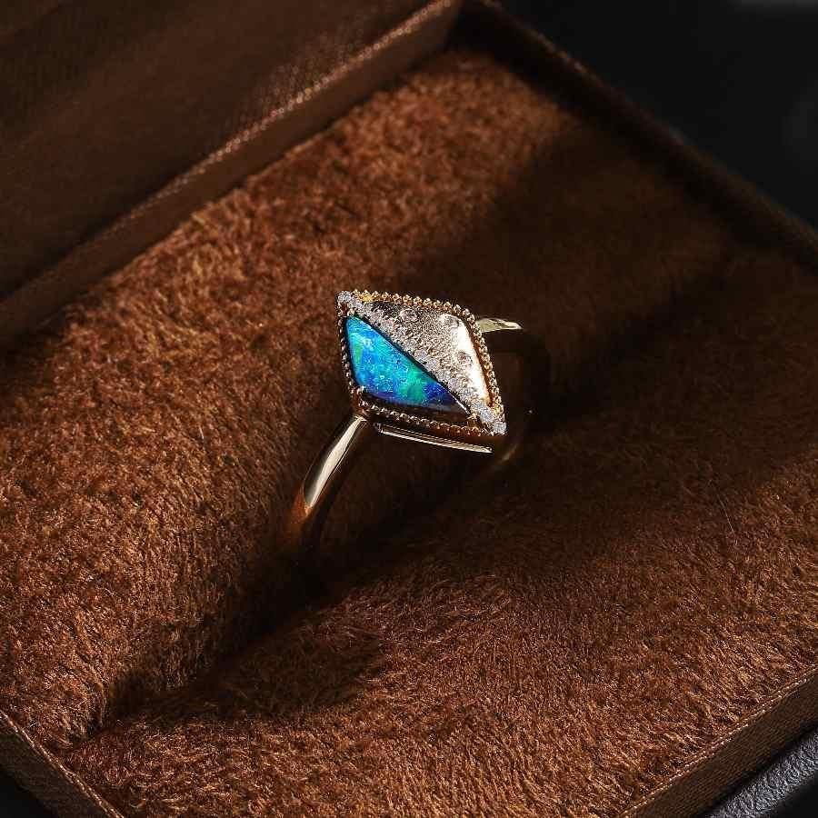 Arts and Crafts Deep Blue Triangle Boulder Opal Diamond Engagement Ring 18K Yellow Gold For Sale