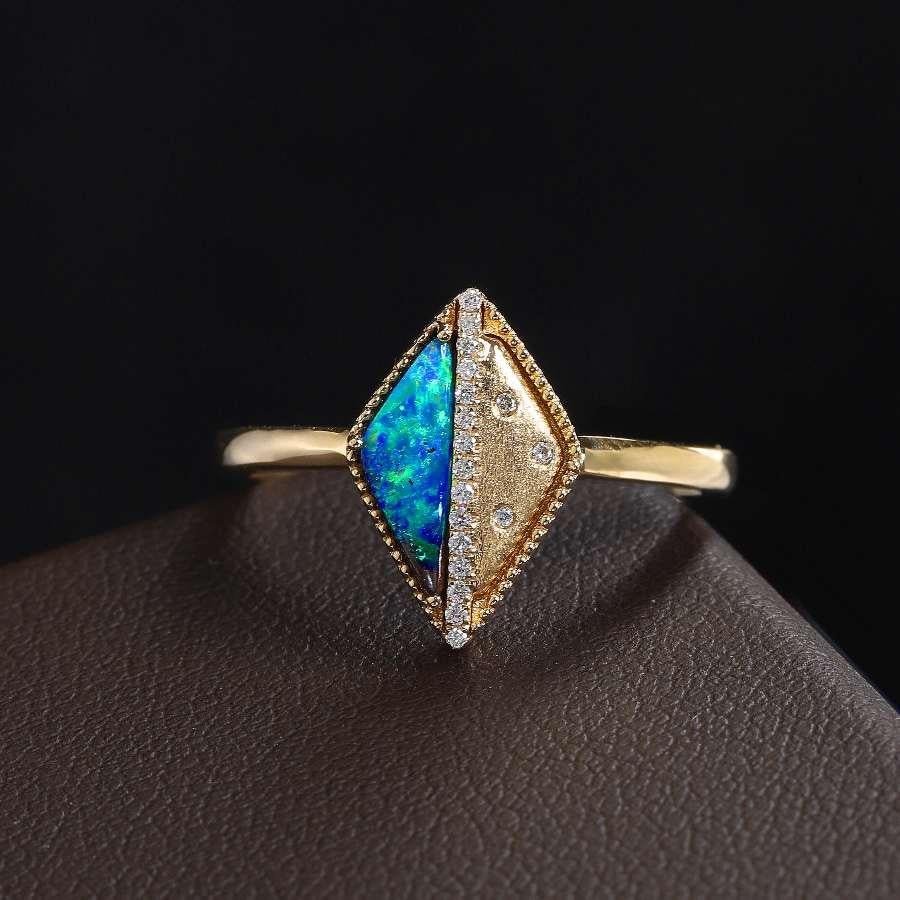 Deep Blue Triangle Boulder Opal Diamond Engagement Ring 18K Yellow Gold In New Condition For Sale In Suwanee, GA