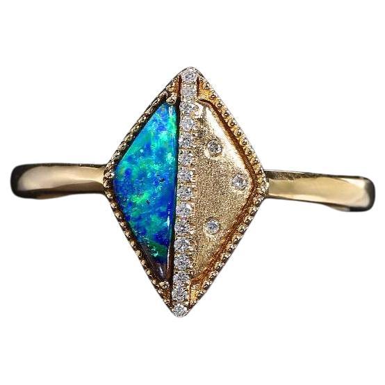 Deep Blue Triangle Boulder Opal Diamond Engagement Ring 18K Yellow Gold For Sale