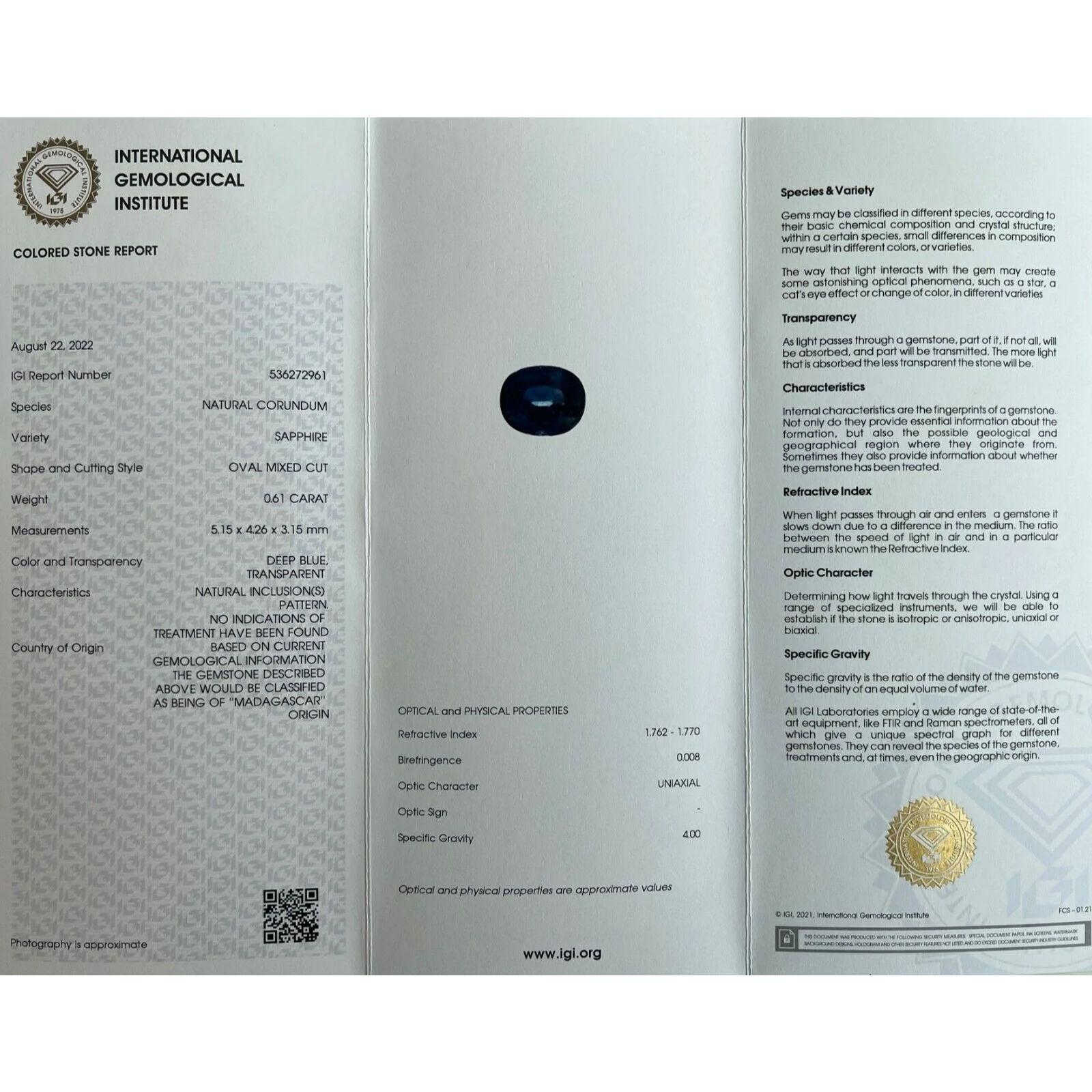 Deep Blue Untreated Oval Cut Sapphire IGI Certified 0.61ct Loose Rare Gem For Sale 3