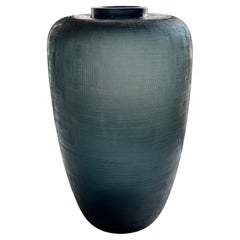 Deep Blue Vertical Rib Tall Glass Vase, Romania, Contemporary