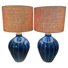 Deep Blue with White Vertical Stripe Pair Table Lamps, Italy, 1970s