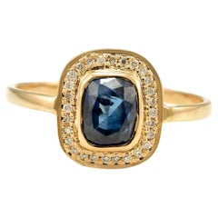 Vintage Deep Bright Blue Sapphire and Diamond Halo Ring 18k Solid Yellow Gold