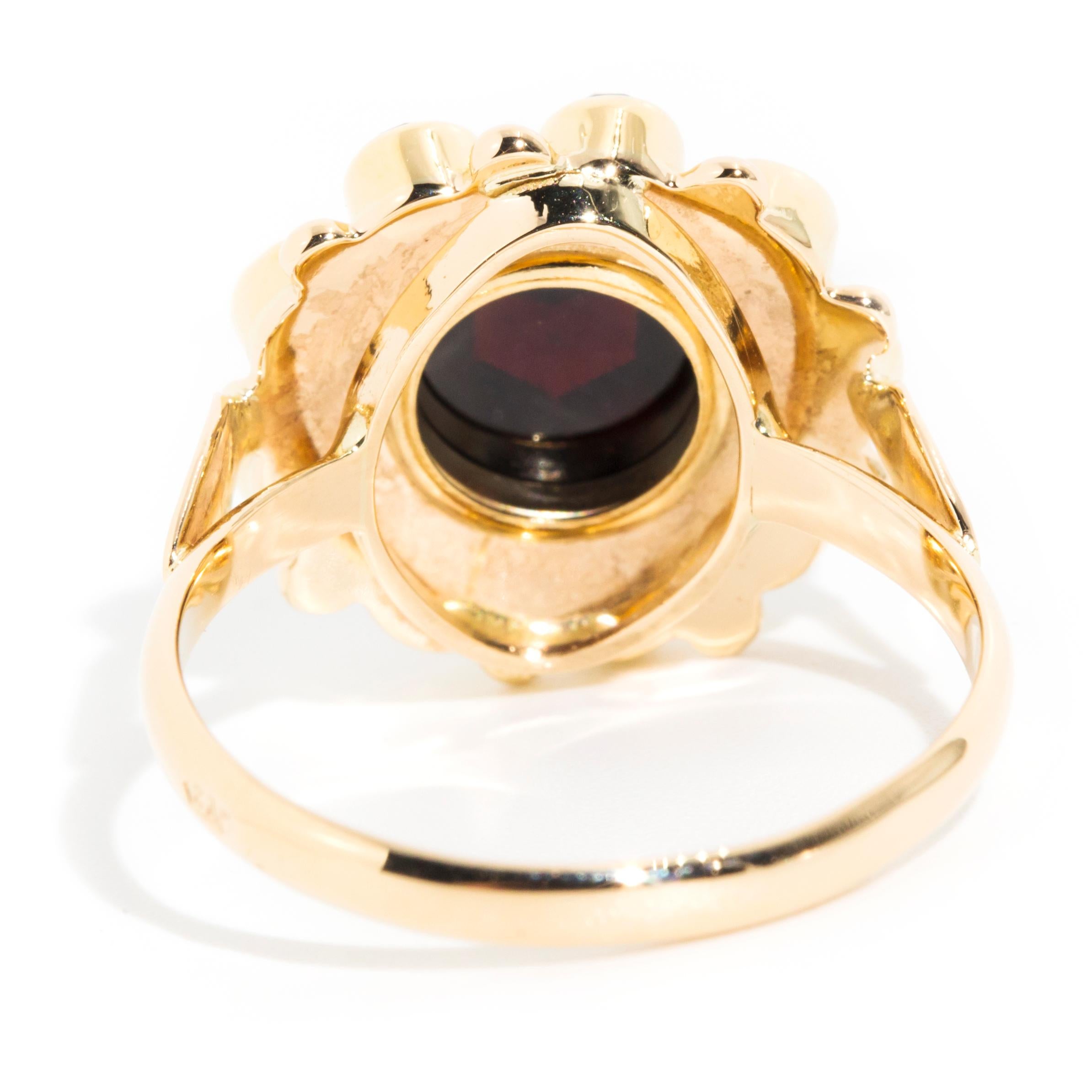 Deep Red Bohemian Garnet Vintage Halo Cluster Ring in 14 Carat Yellow Gold 3