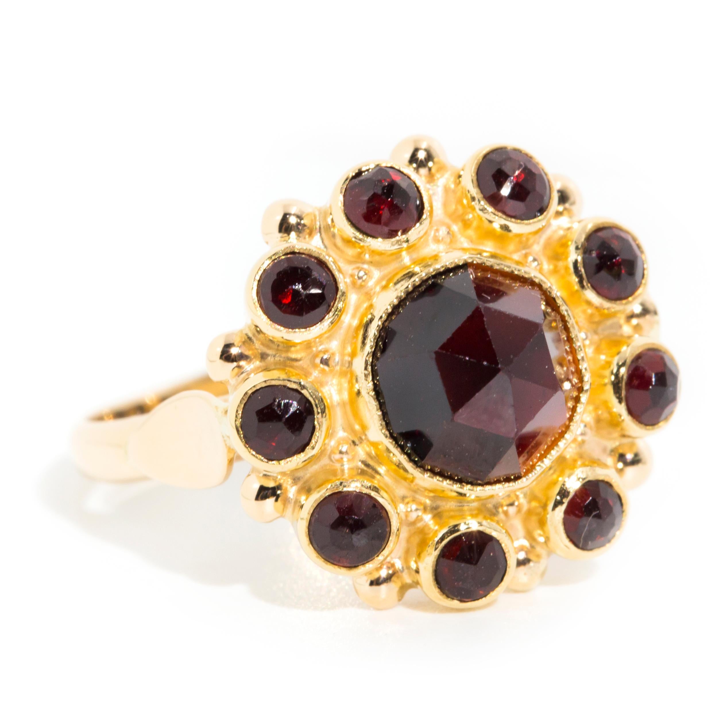 Round Cut Deep Red Bohemian Garnet Vintage Halo Cluster Ring in 14 Carat Yellow Gold