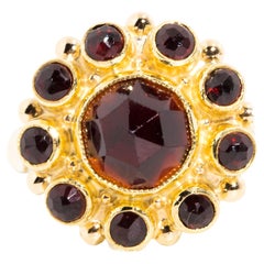 Deep Red Bohemian Garnet Vintage Halo Cluster Ring in 14 Carat Yellow Gold