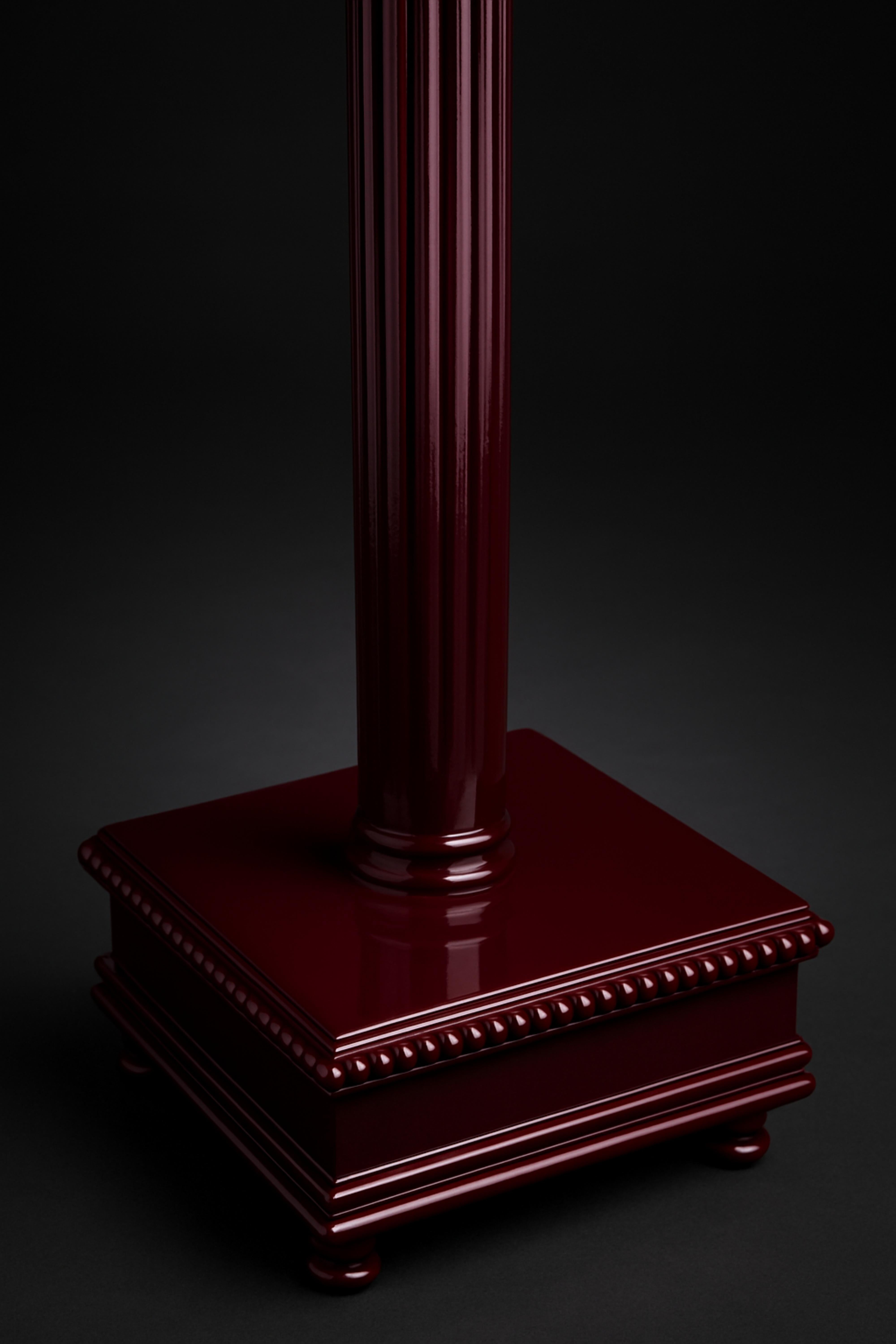 This exquisite hand-carved wooden column, adorned with a refinished Deep Burgundy (#4A192C color reference), exudes timeless elegance and grandeur. 
Standing at an impressive 43.9 inches (111.5 cm) tall, the column features a refined silhouette with