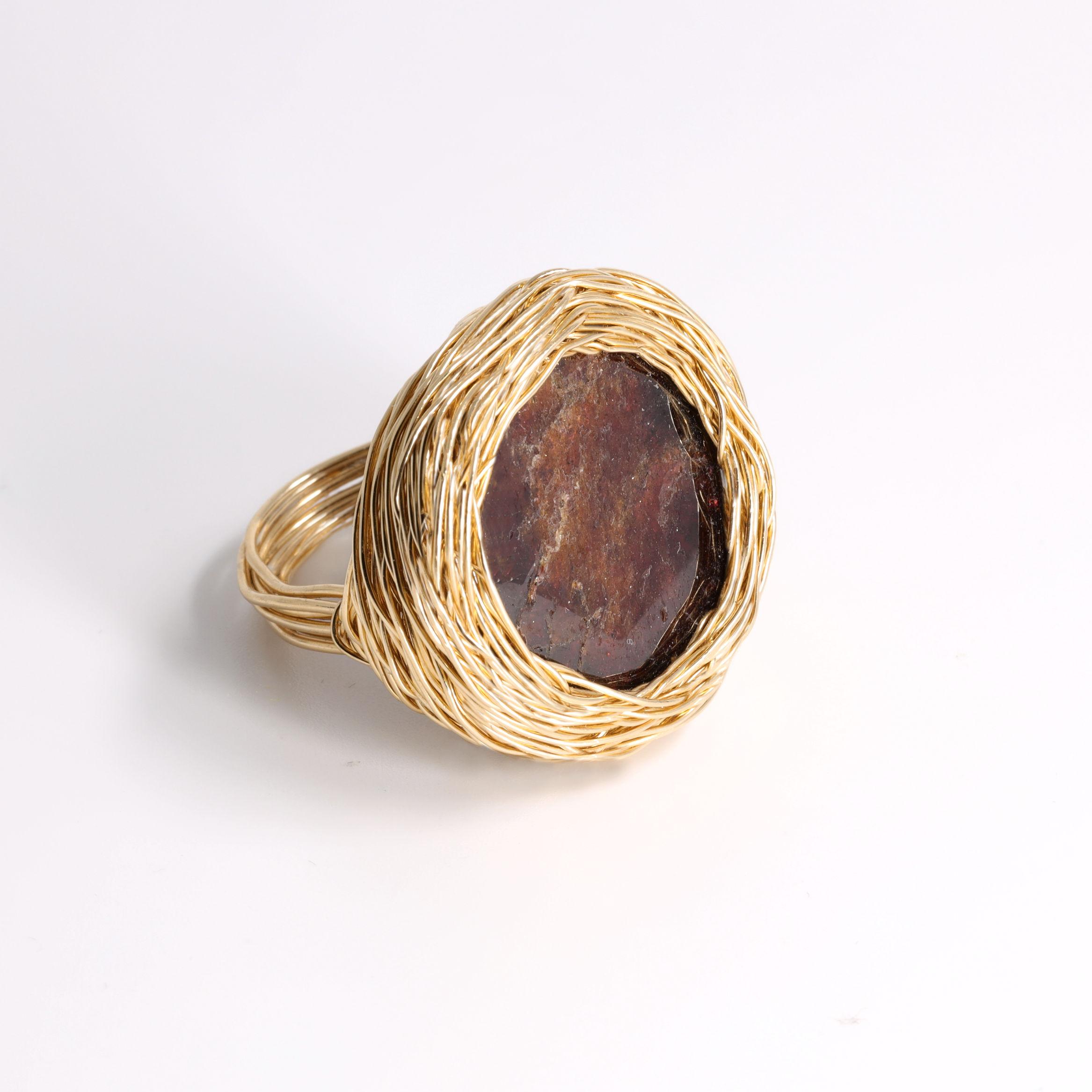 Contemporary Deep Burgundy round Natural Garnet Cocktail Ring Yellow Gold by Sheila Westera