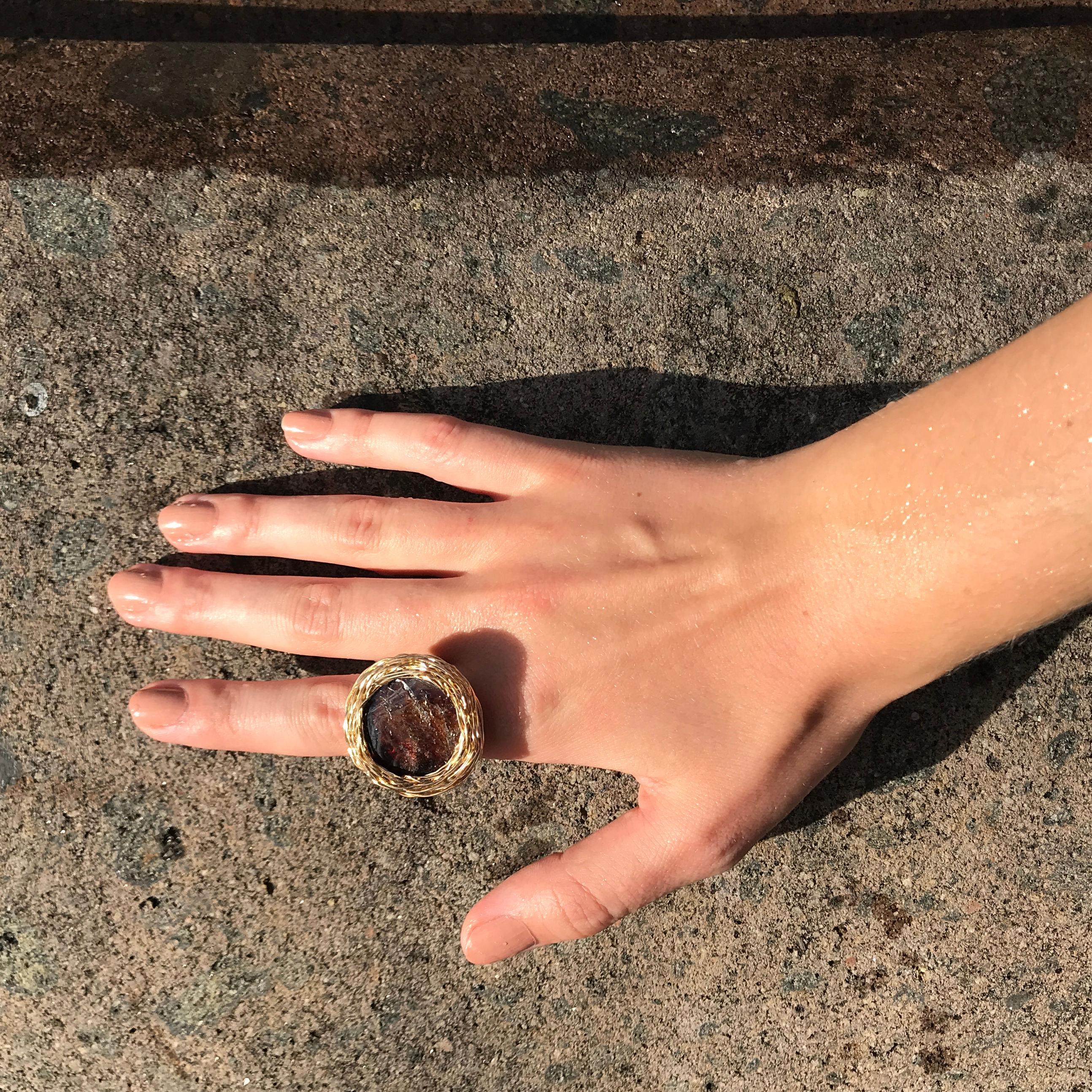 Round Cut Deep Burgundy round Natural Garnet Cocktail Ring Yellow Gold by Sheila Westera