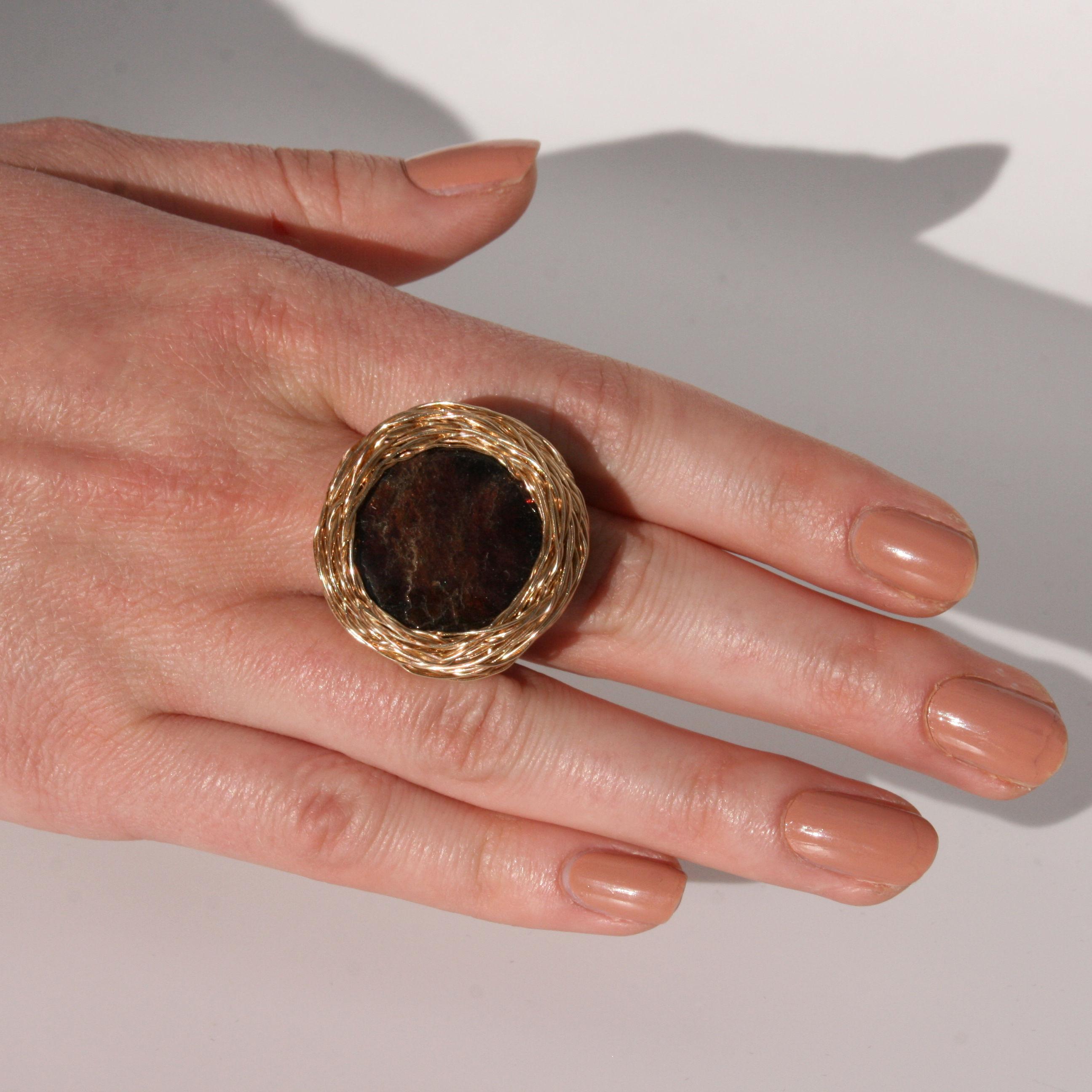 Women's or Men's Deep Burgundy round Natural Garnet Cocktail Ring Yellow Gold by Sheila Westera