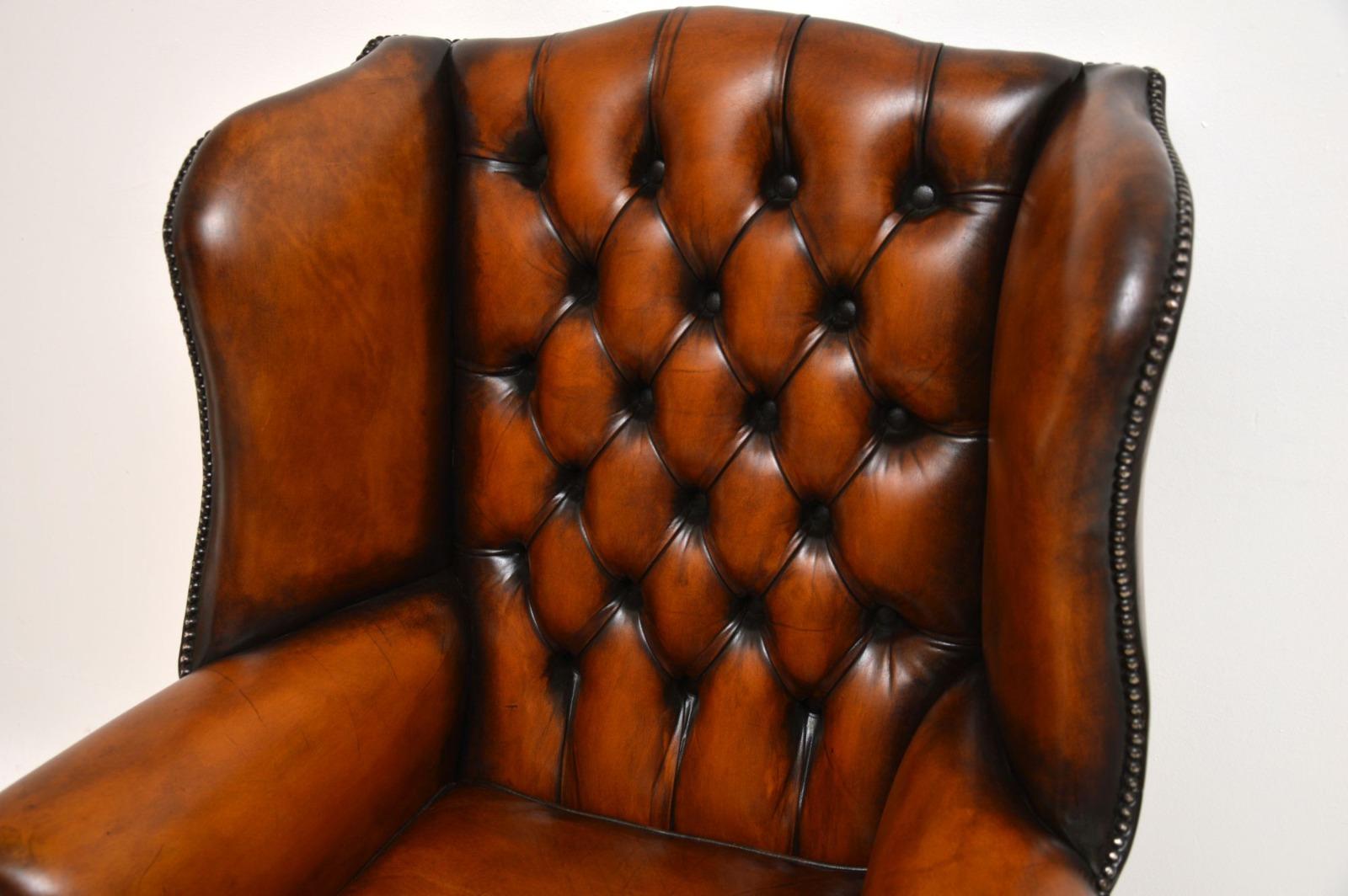 Georgian Deep Buttoned Leather Wing Back Armchair