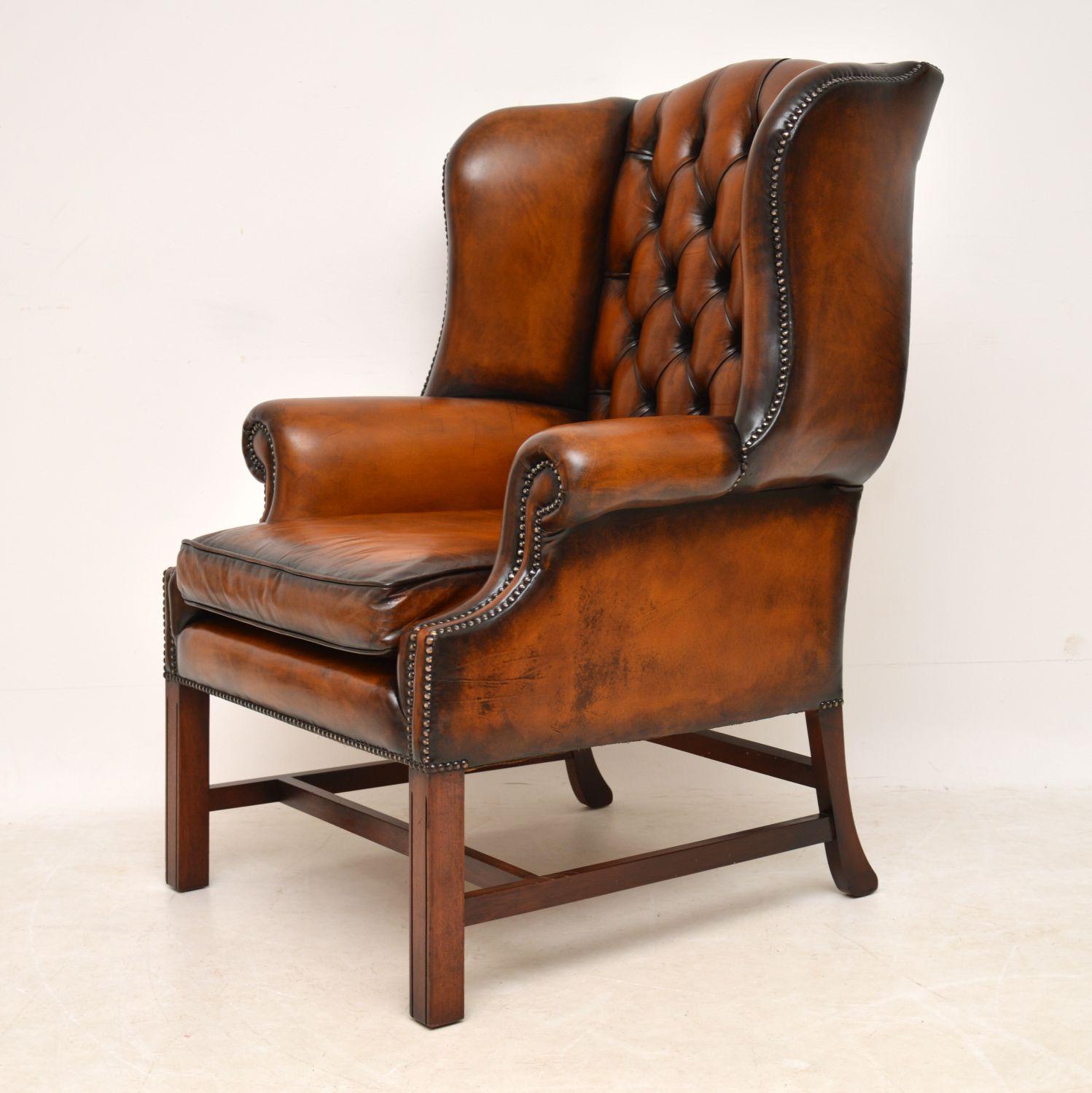 English Deep Buttoned Leather Wing Back Armchair