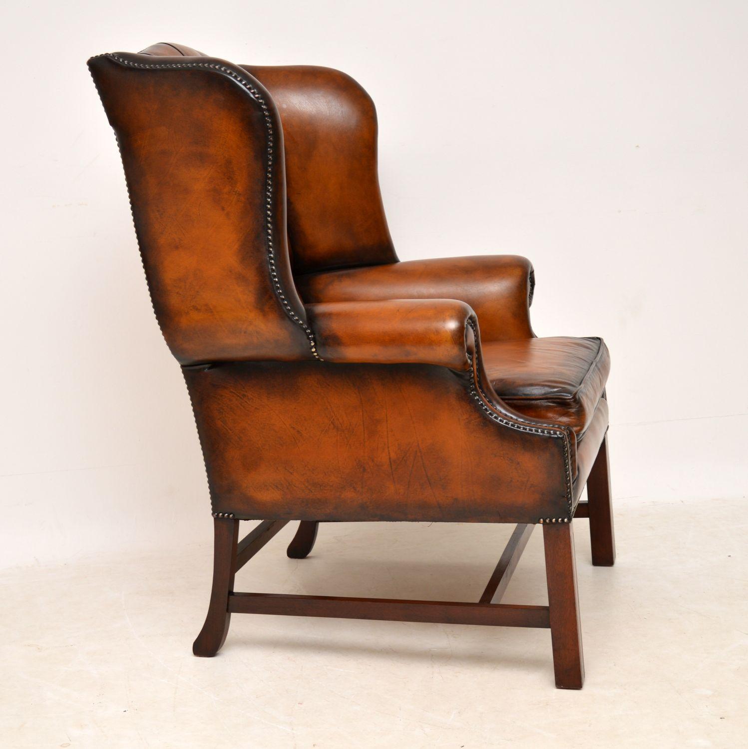 Deep Buttoned Leather Wing Back Armchair In Good Condition In London, GB