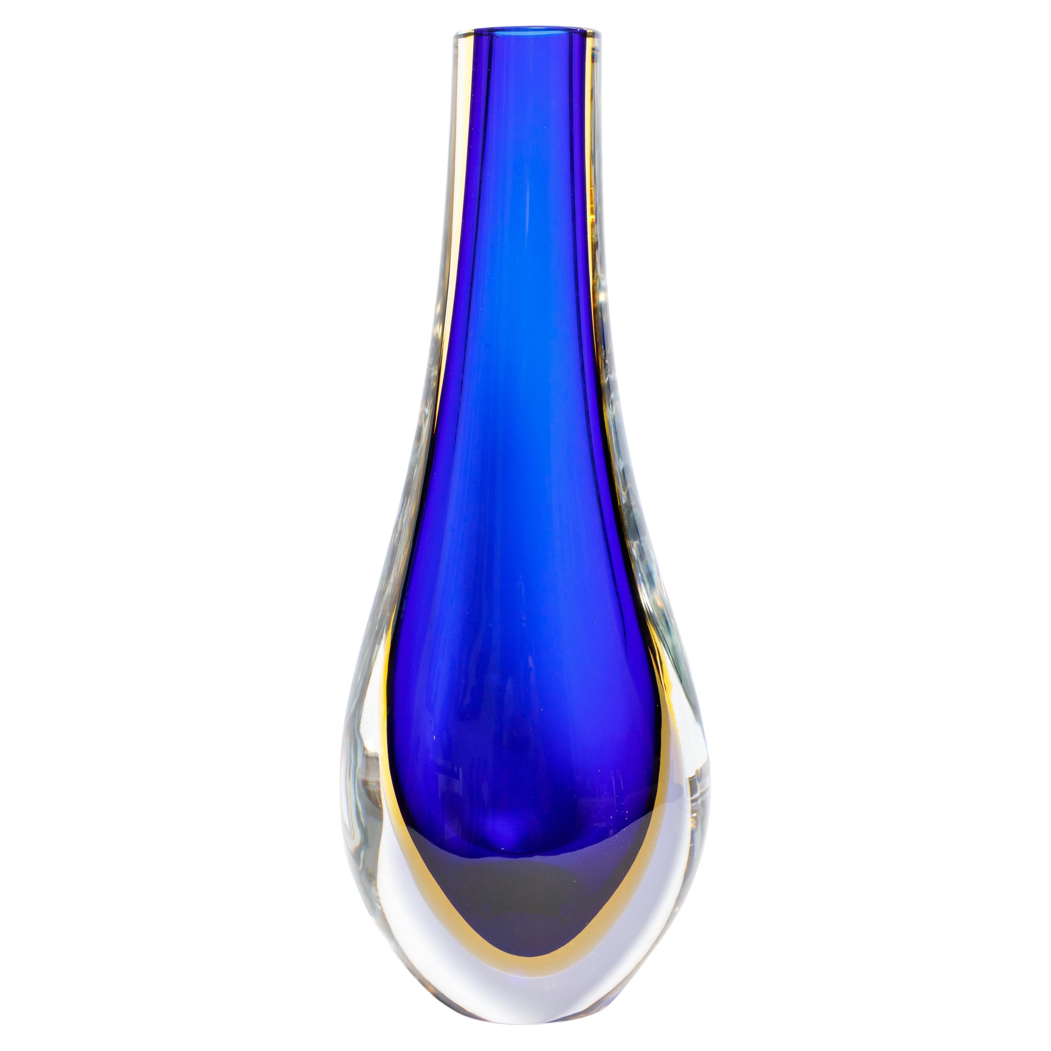 Deep Cobalt Blue Murano Glass Vase, signed For Sale