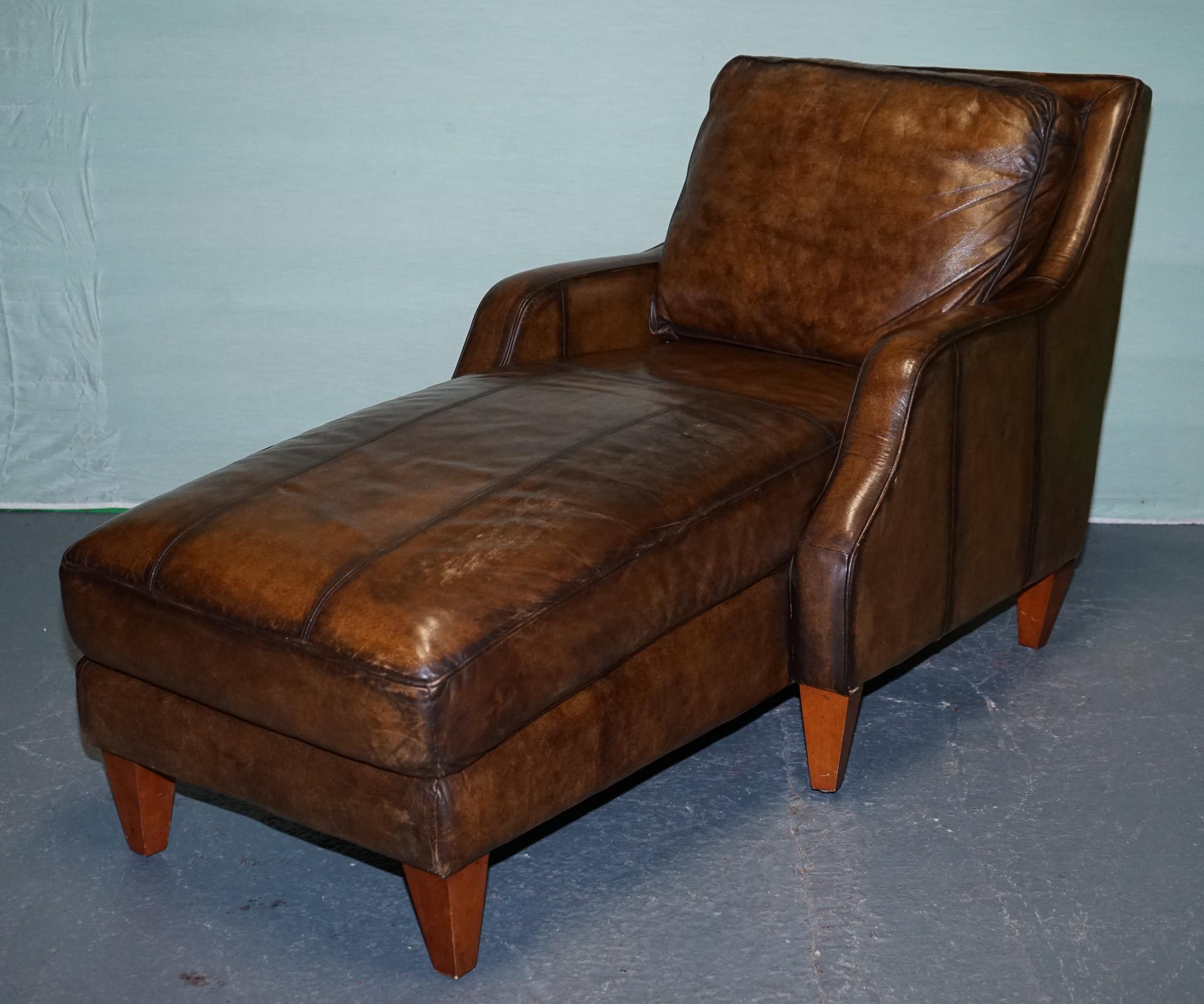 
Antiques of London



An exquisite vintage chaise lounge, upholstered in hand-dyed leather that has developed a deep, warm cognac patina over time. The traditional hand-dyeing process gives the leather its unique tonal depth and natural variation,