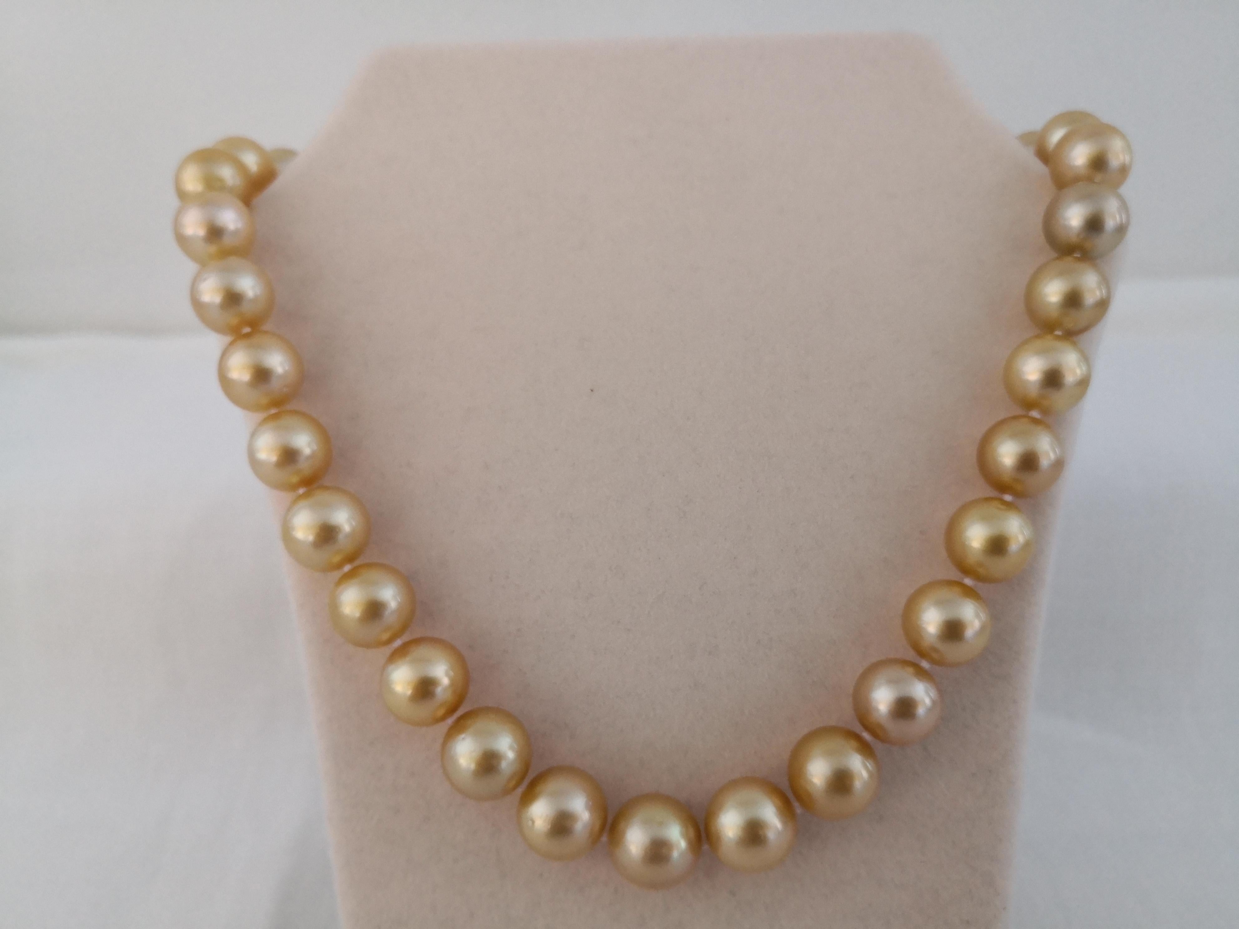 A Natural Color South Sea Pearls, from Indonesia ocean waters. A Deep Golden Color Pearls necklace, This color is rare and unique and is considered the most expensive one among South Sea Pearl. This color is also known as 