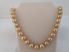 Deep Golden Color South Sea Pearl Necklace, Round, 18 Karat Gold