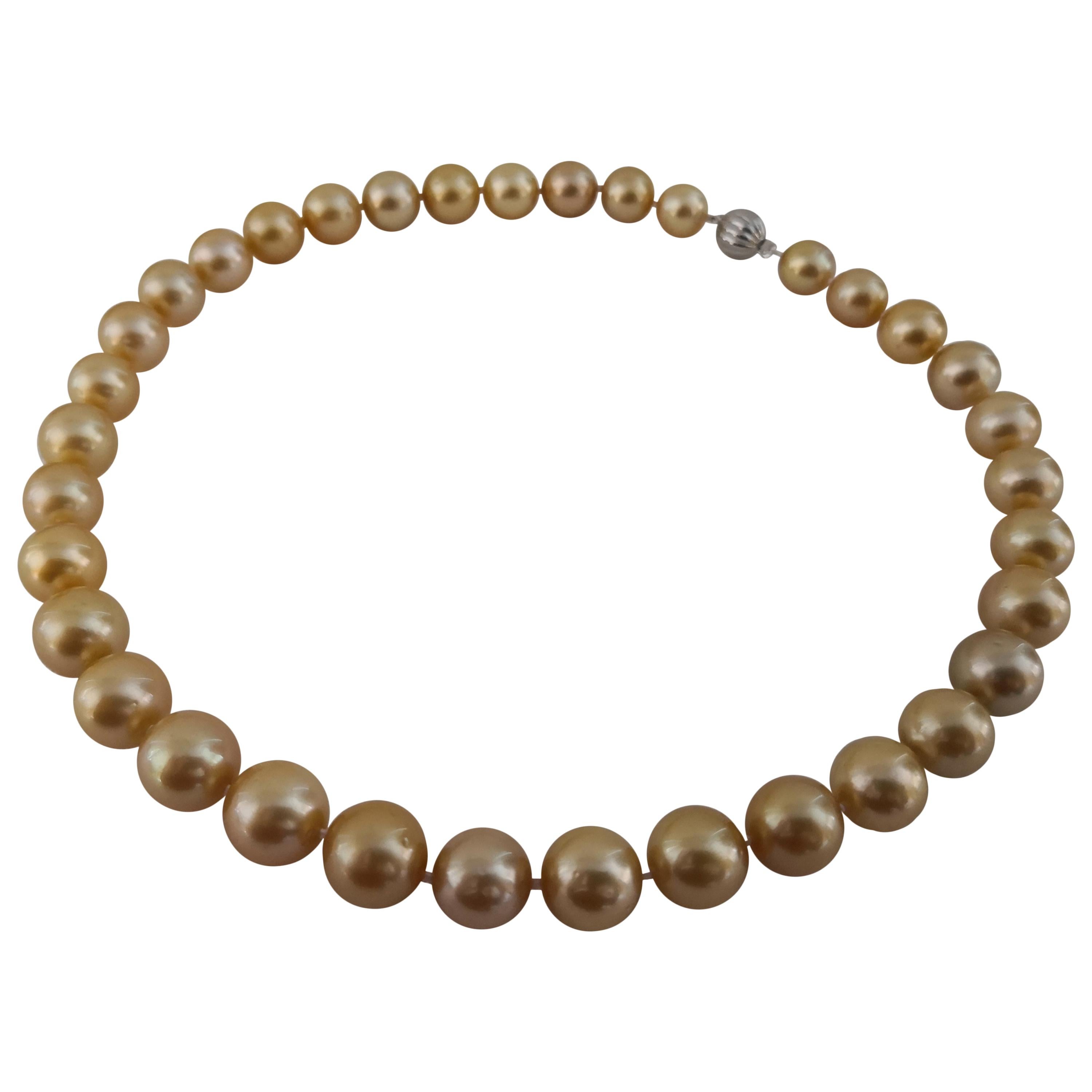 Deep Golden Color South Sea Pearl Necklace, Round, 18 Karat Gold For Sale