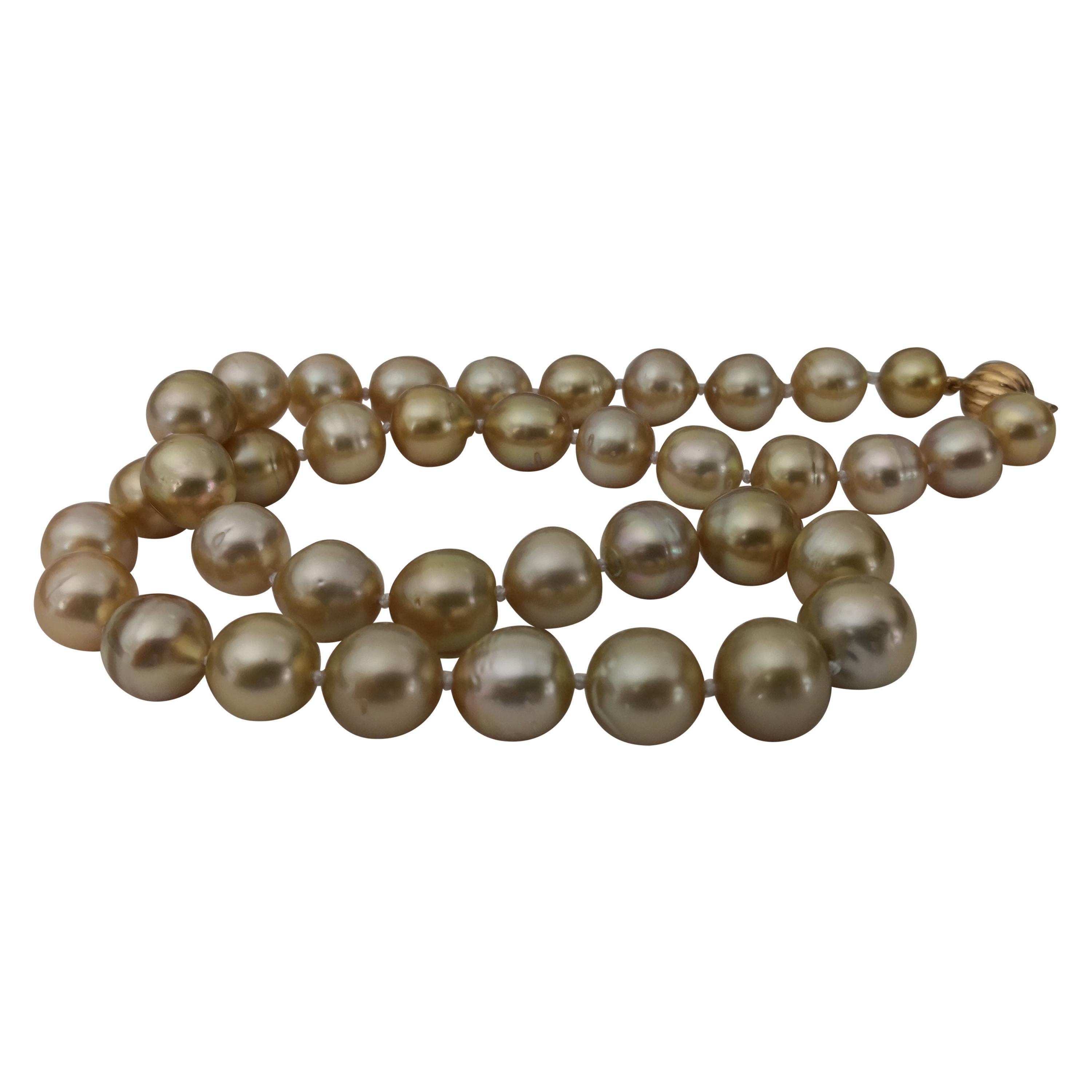 Deep Golden Color South Sea Pearls Necklace 18 Karat Gold Clasp