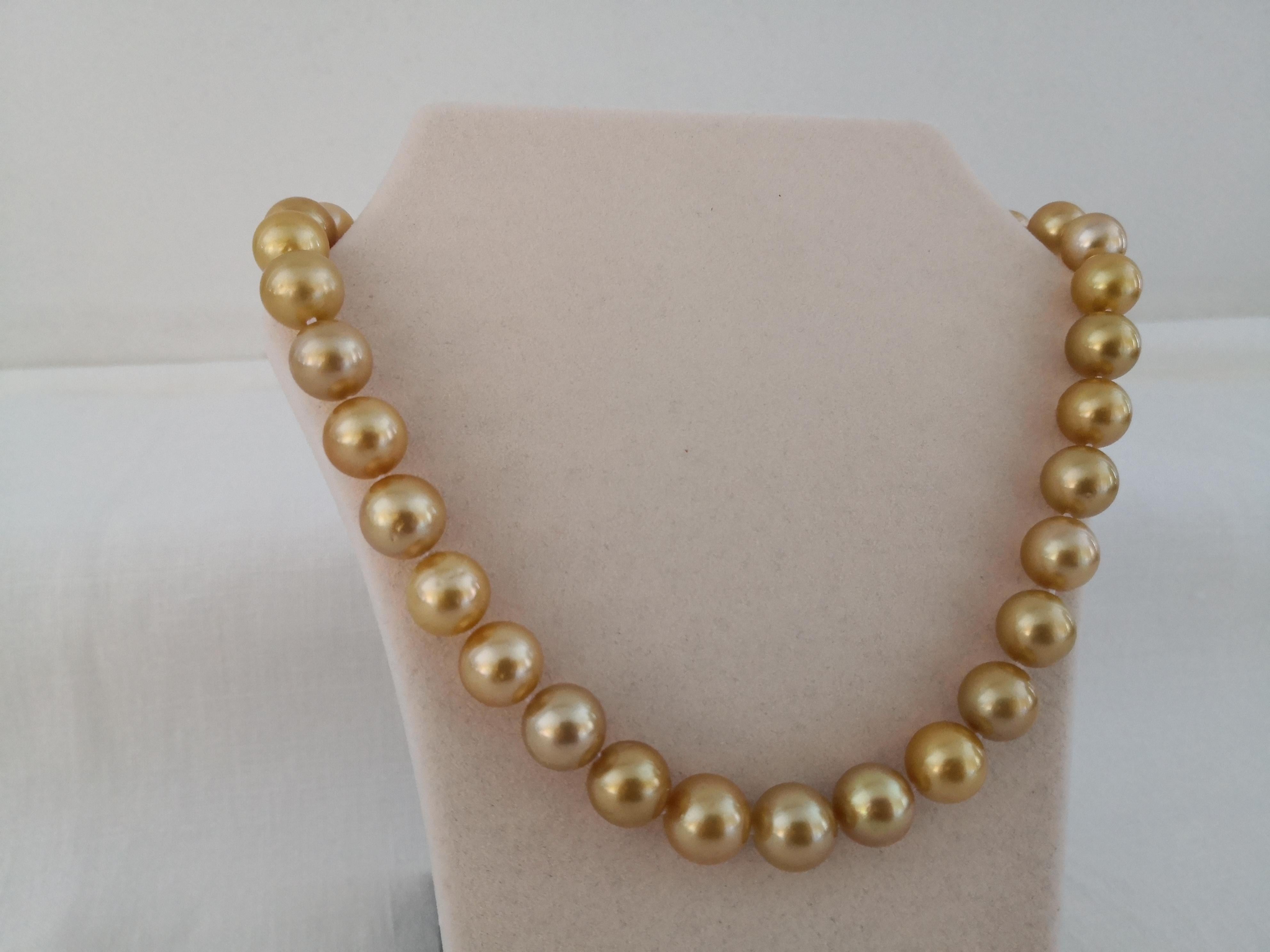 A Natural Color South Sea Pearls, from Indonesia ocean waters.  A Deep Golden Color Pearls necklace, This color is rare and unique and is considered the most expensive one among South Sea Pearl.   This color is also known as 