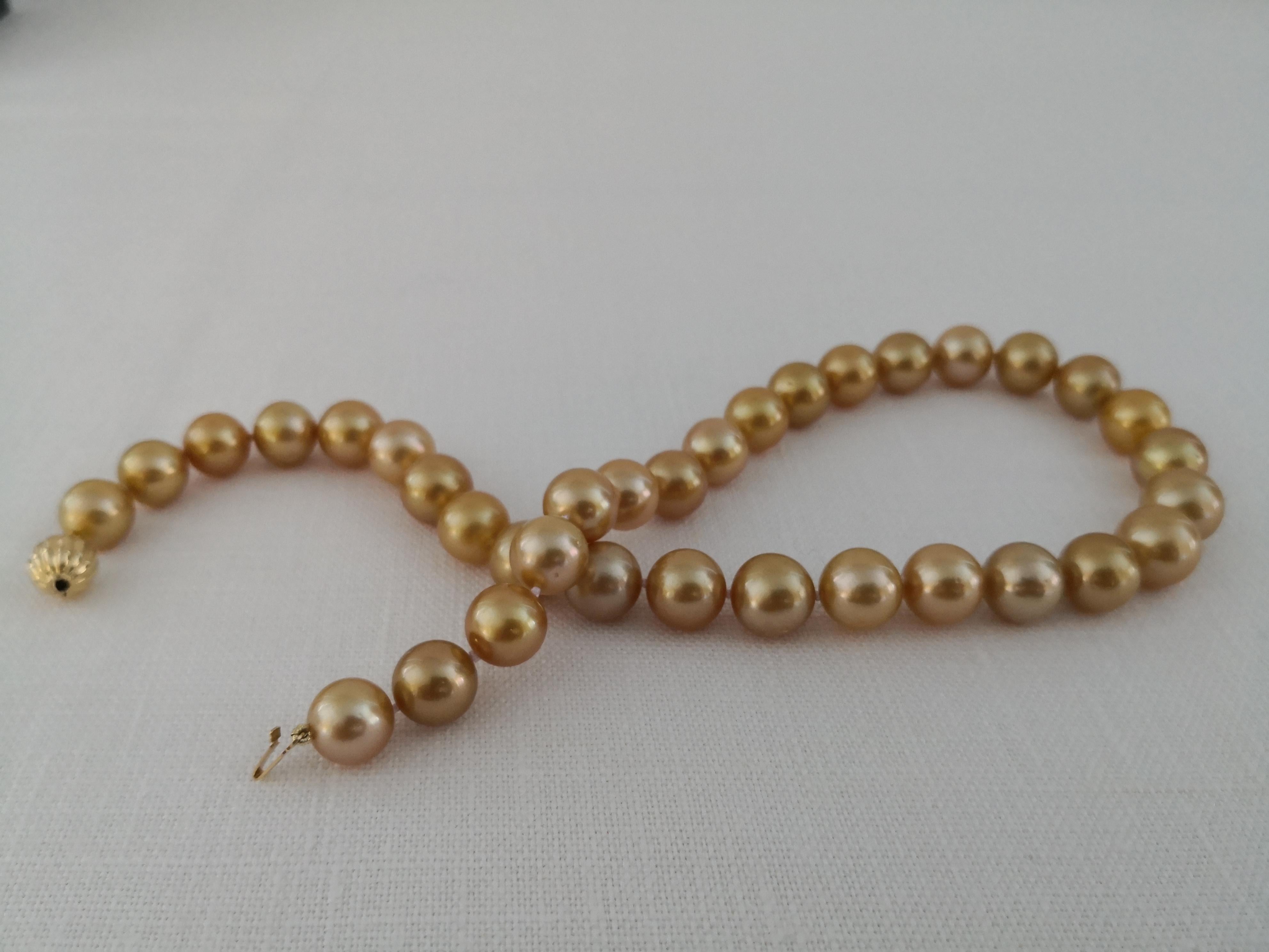 Women's Deep Golden Natural Color South Sea Pearls Necklace, Round, 18 Karat Gold For Sale