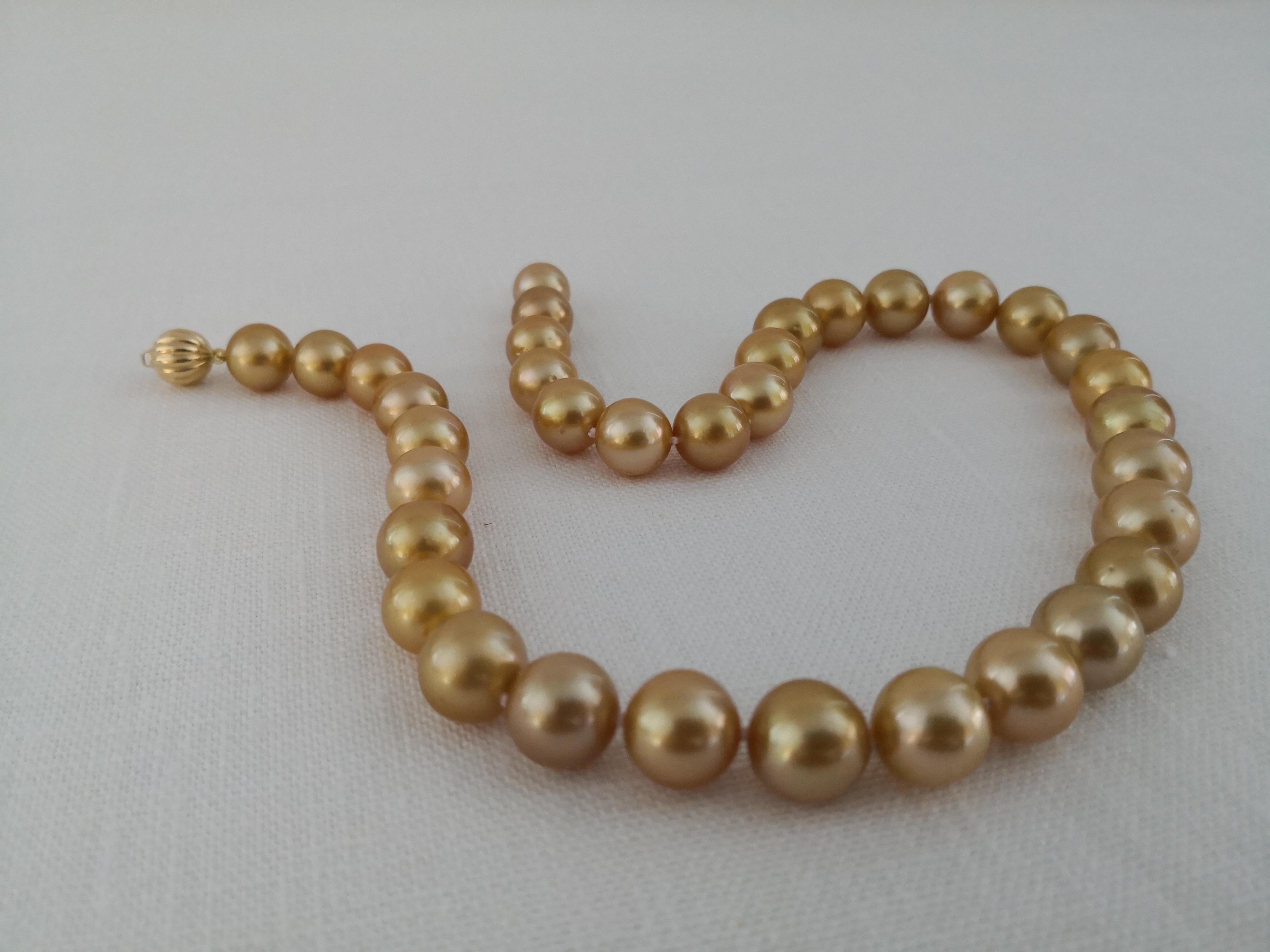 Deep Golden Natural Color South Sea Pearls Necklace, Round, 18 Karat Gold For Sale 1
