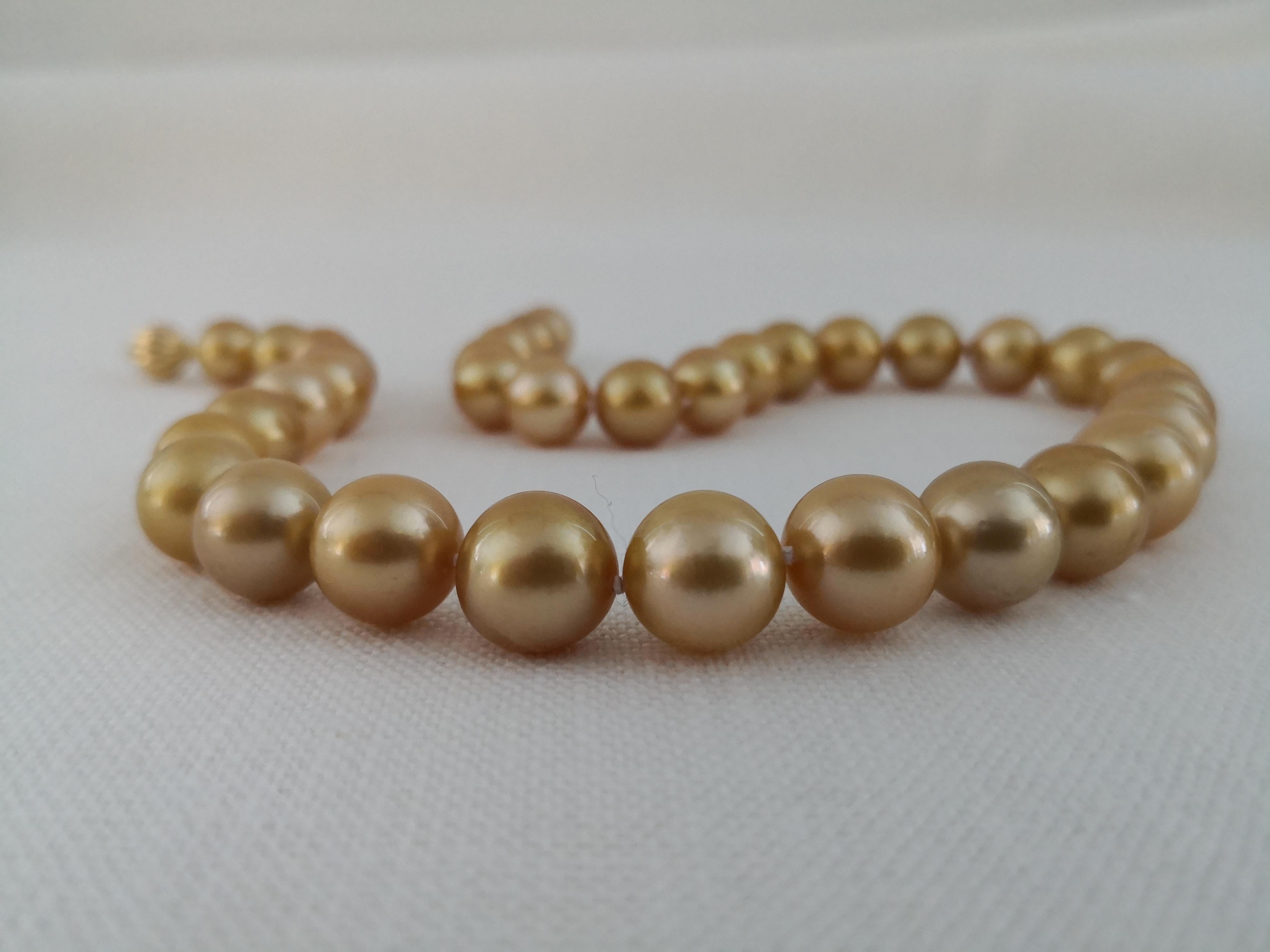 Deep Golden Natural Color South Sea Pearls Necklace, Round, 18 Karat Gold For Sale 2