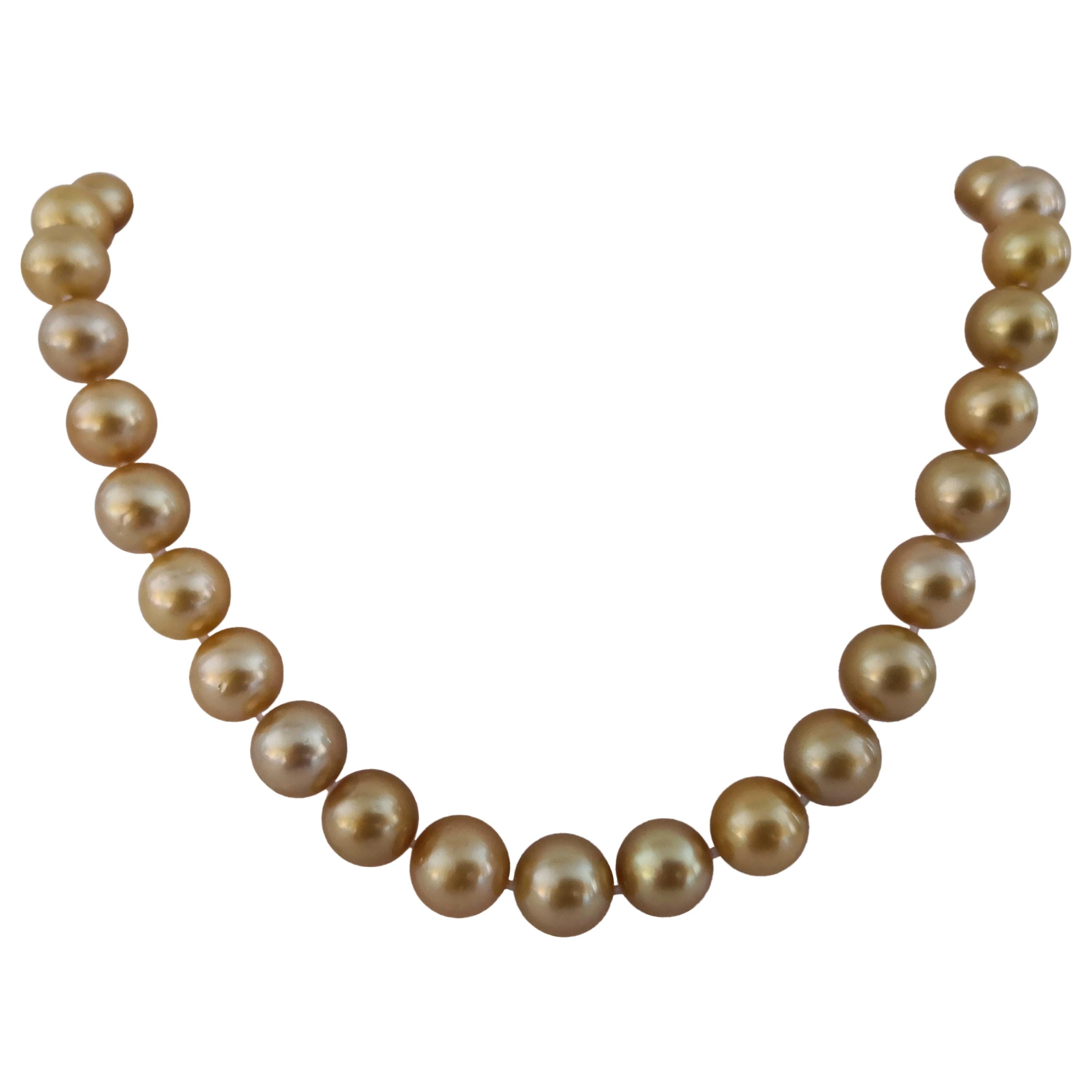 Deep Golden Natural Color South Sea Pearls Necklace, Round, 18 Karat Gold For Sale