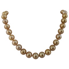 Deep Golden Natural Color South Sea Pearls Necklace, Round, 18 Karat Gold