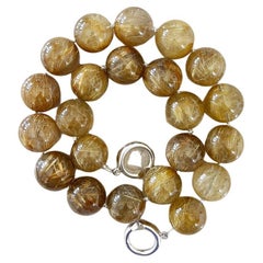 Deep Golden Rutilated Quartz Round Beaded Necklace with Interlocking Clasp