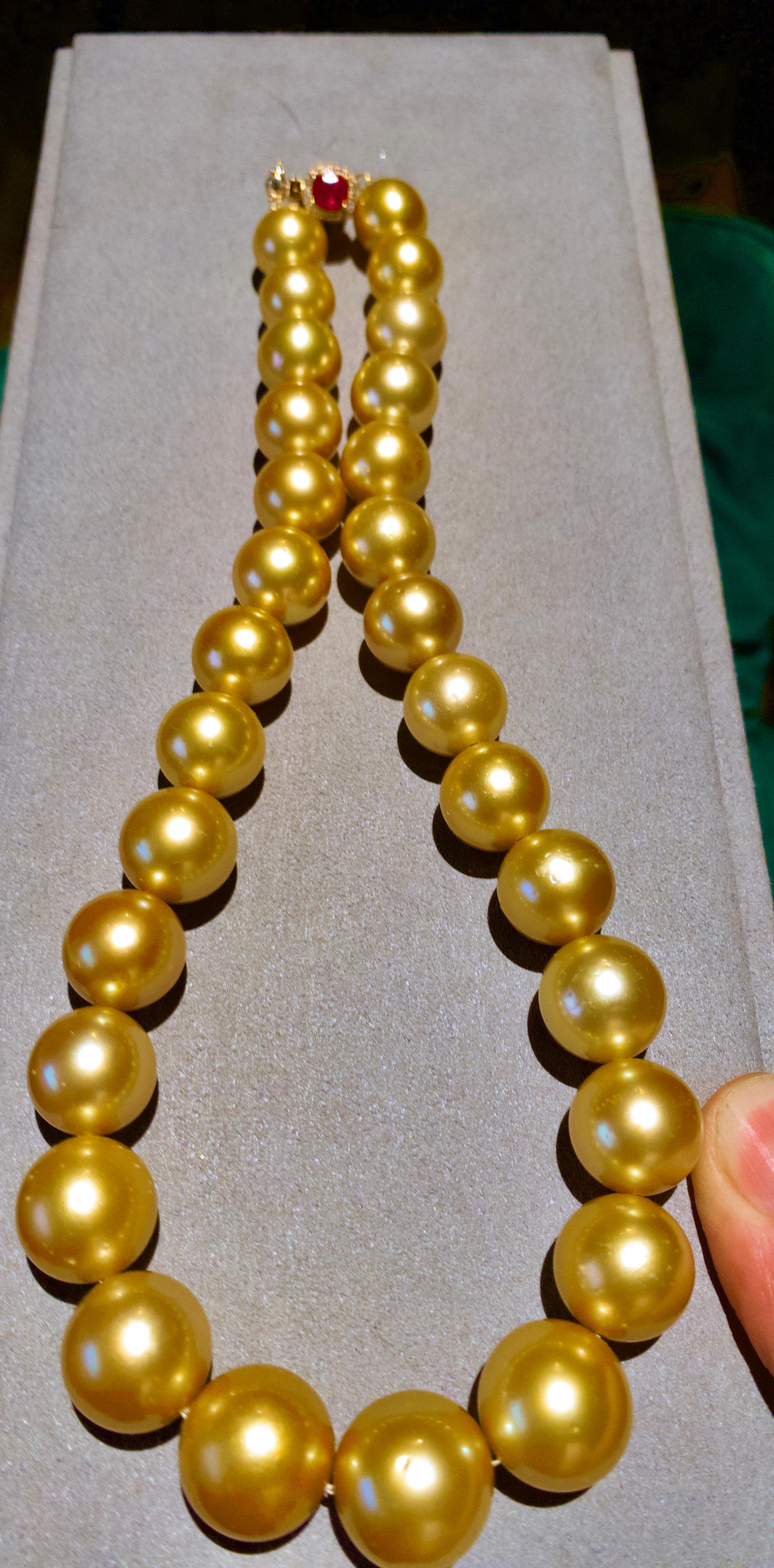 Eostre Deep Golden South Sea Pearl Necklace with 18K Ruby and Diamond Clasp In New Condition For Sale In Melbourne, AU
