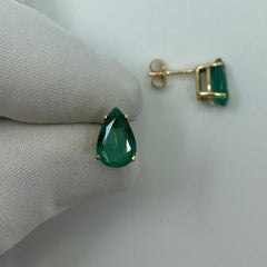 Deep Green 2.80 Carat Emerald Yellow Gold Earring Studs Pear Teardrop Cut