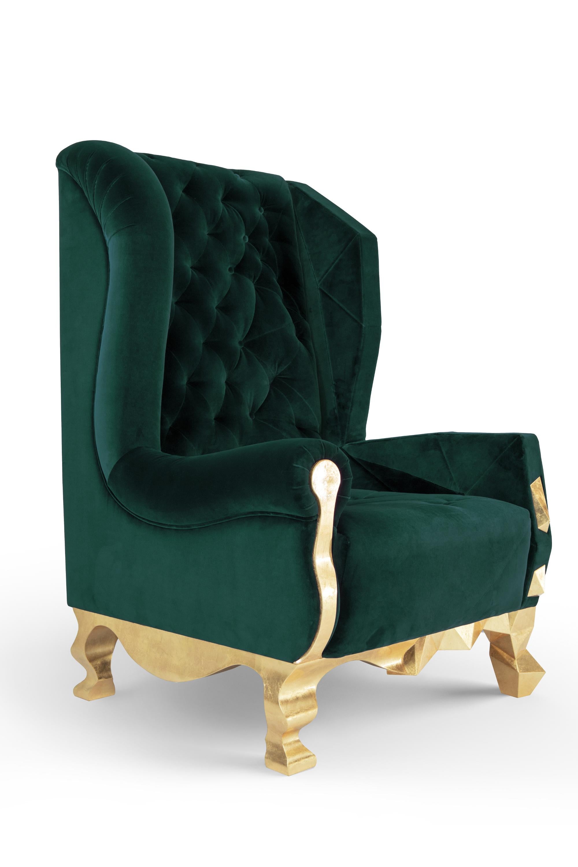 Deep green Rockchair by Royal Stranger
Dimensions: Width 98cm, height 135cm, depth 99cm
Different upholstery colors and finishes are available. Brass, copper or stainless steel in polished or brushed finish.
Materials: velvet on the top of the gold