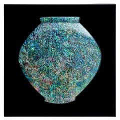 Deep Green Blue Mother of Pearl Moon Jar Painting, Moonlight No.82