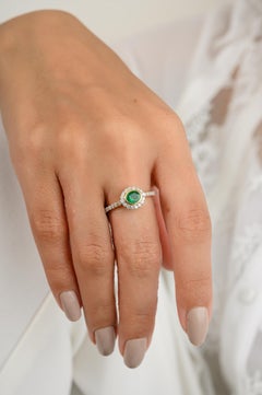 Zambian Emerald Engagement Ring with Halo Diamonds in 14k Solid Yellow Gold