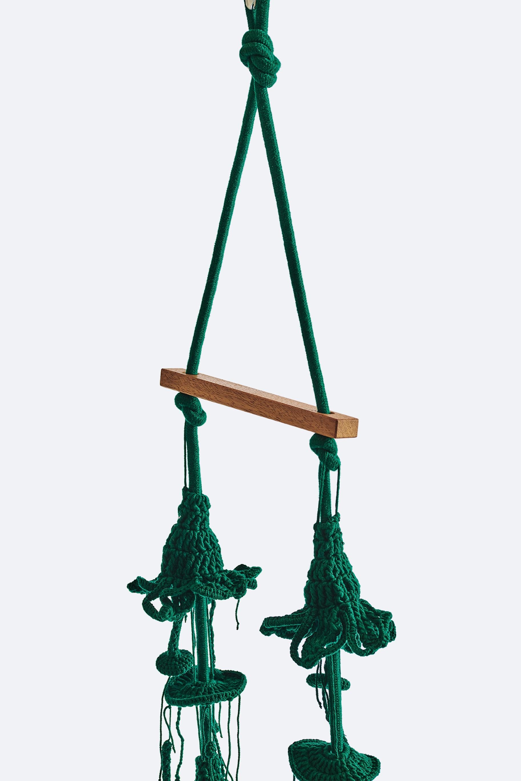 Hand-Crafted Deep Green Handmade Crochet Outdoor Swing Burmese Teak Wood Seat For Sale