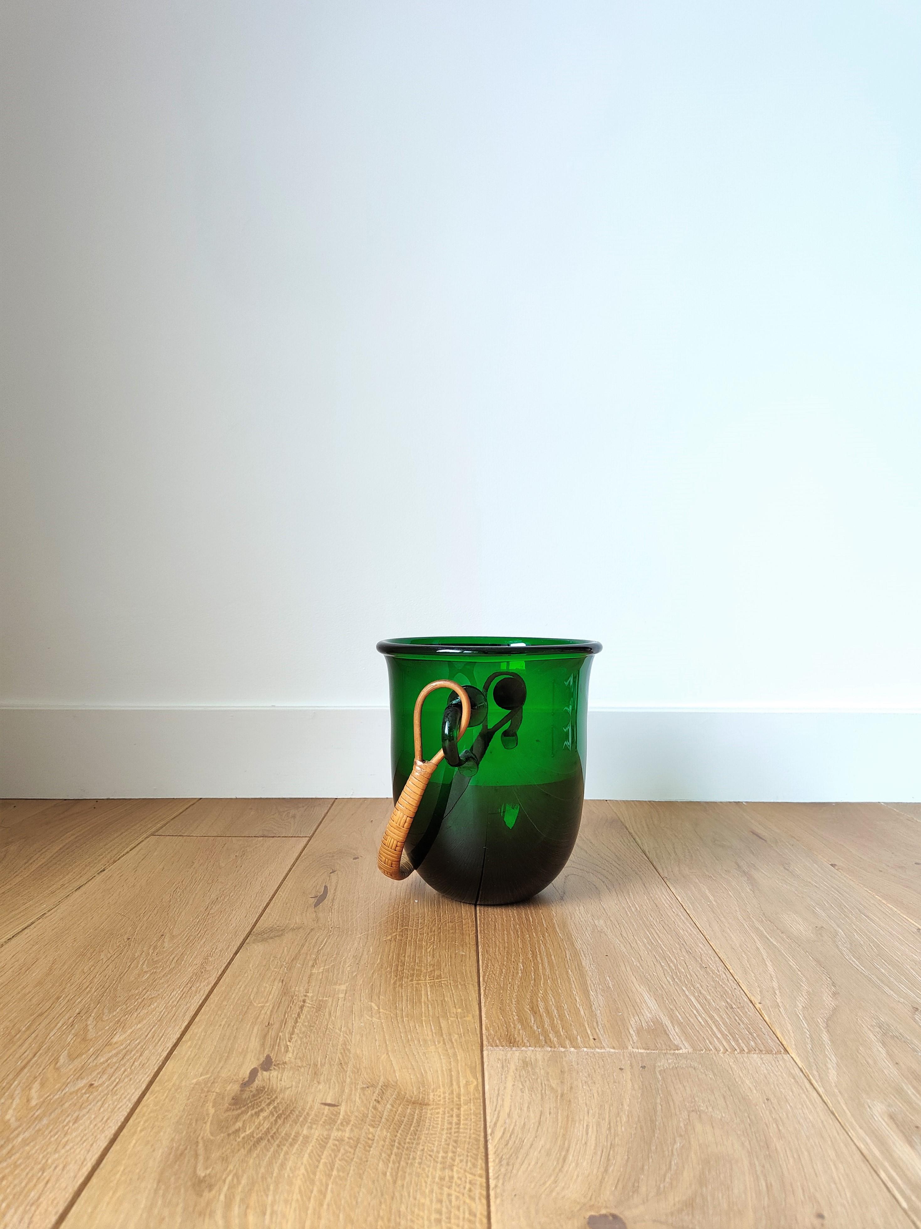 Danish Deep Green Ice Bucket with Rattan Handle by Holmegaard, Denmark, 1960's