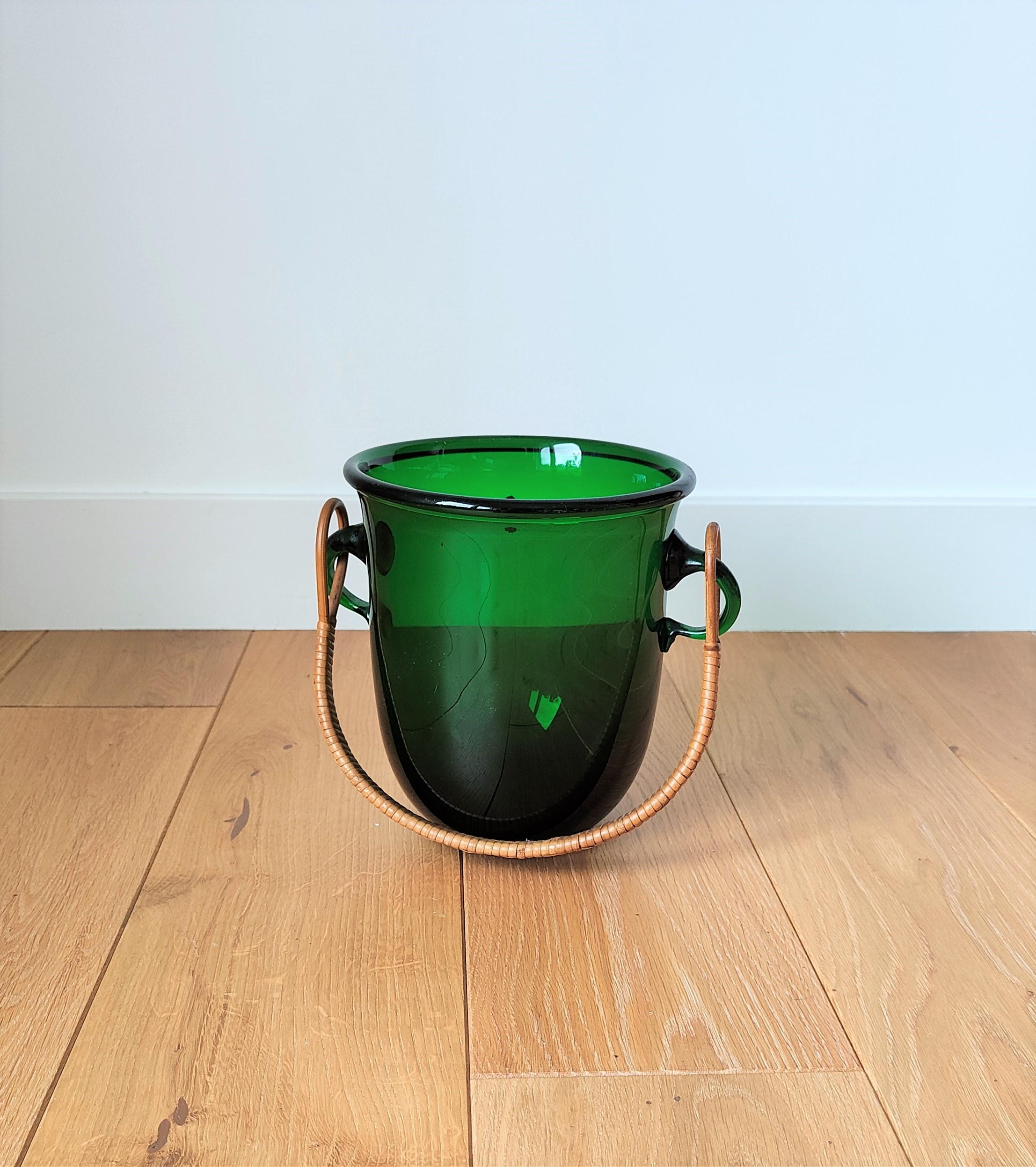 Deep Green Ice Bucket with Rattan Handle by Holmegaard, Denmark, 1960's In Good Condition In New York, NY