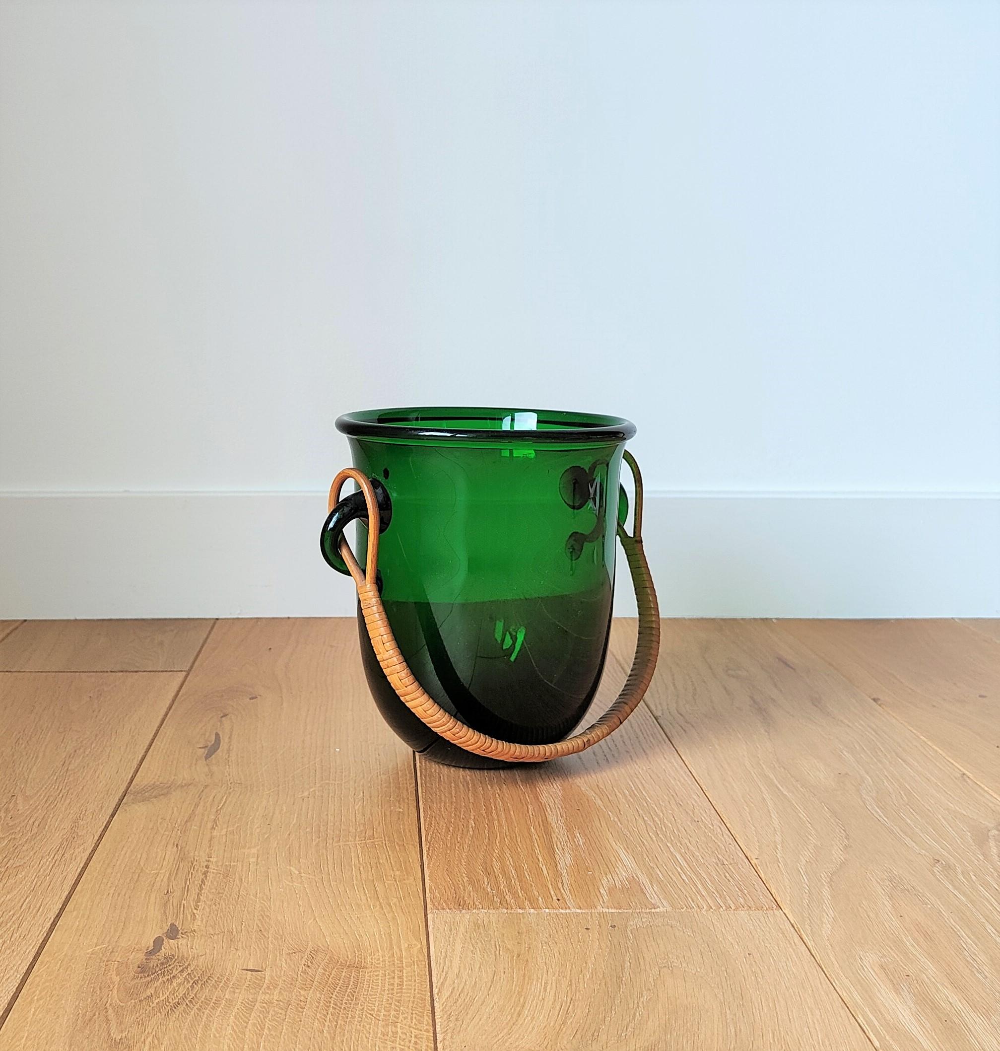 Mid-20th Century Deep Green Ice Bucket with Rattan Handle by Holmegaard, Denmark, 1960's