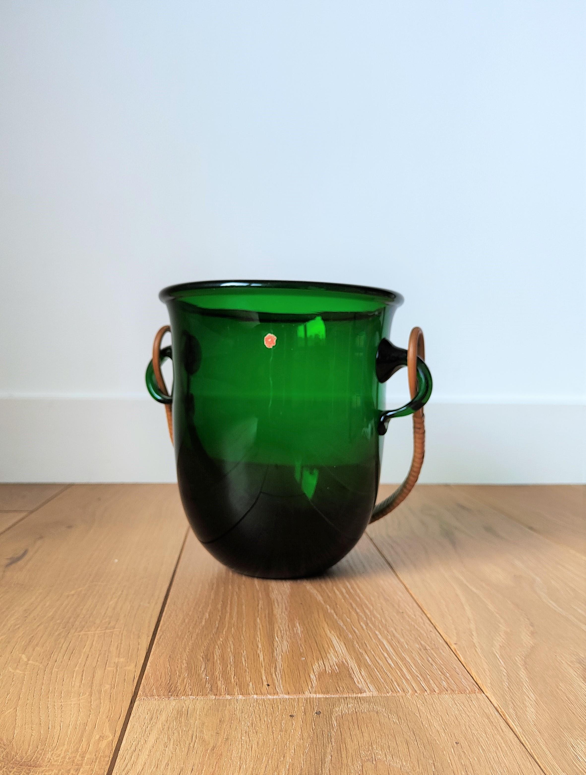 Deep Green Ice Bucket with Rattan Handle by Holmegaard, Denmark, 1960's 1