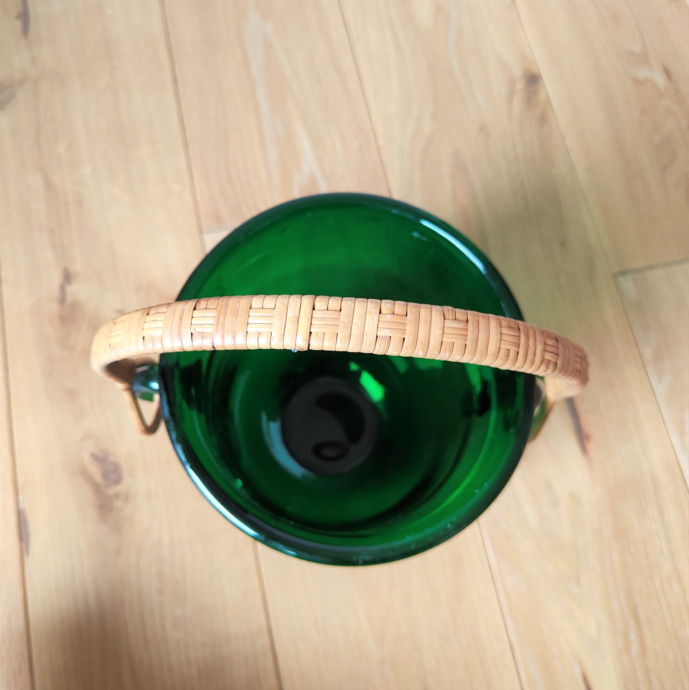 Deep Green Ice Bucket with Rattan Handle by Holmegaard, Denmark, 1960's 3