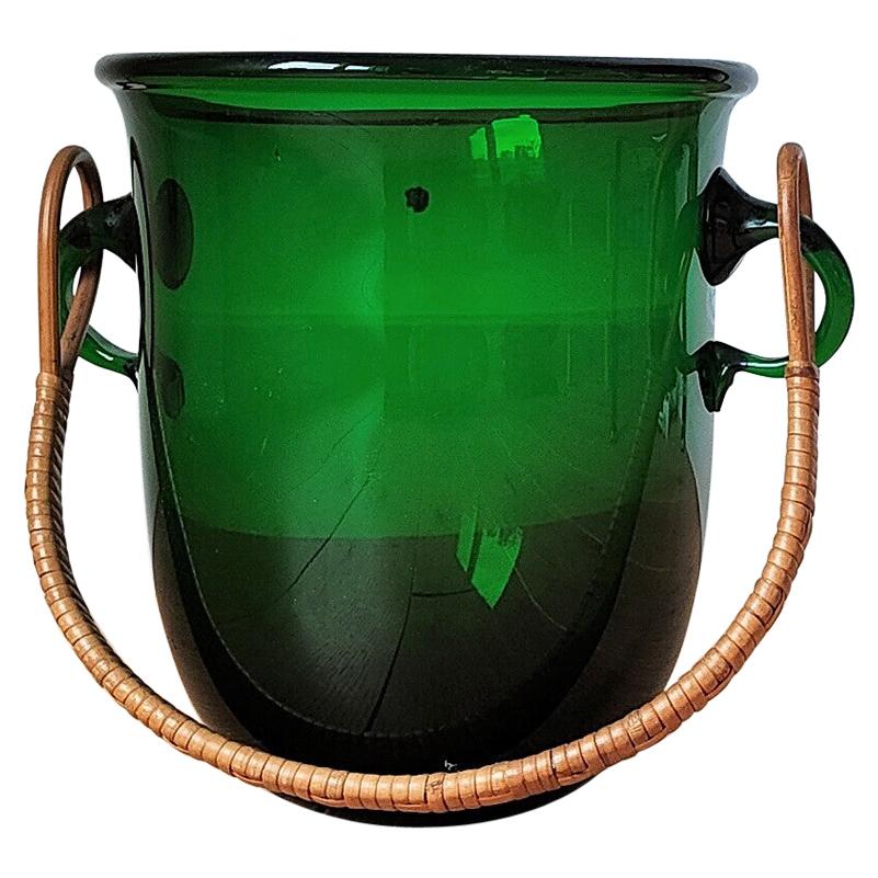 Deep Green Ice Bucket with Rattan Handle by Holmegaard, Denmark, 1960's
