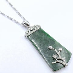 Deep Green Jadeite Peace Pendant with Diamond Floral Vine in 18K White Gold
